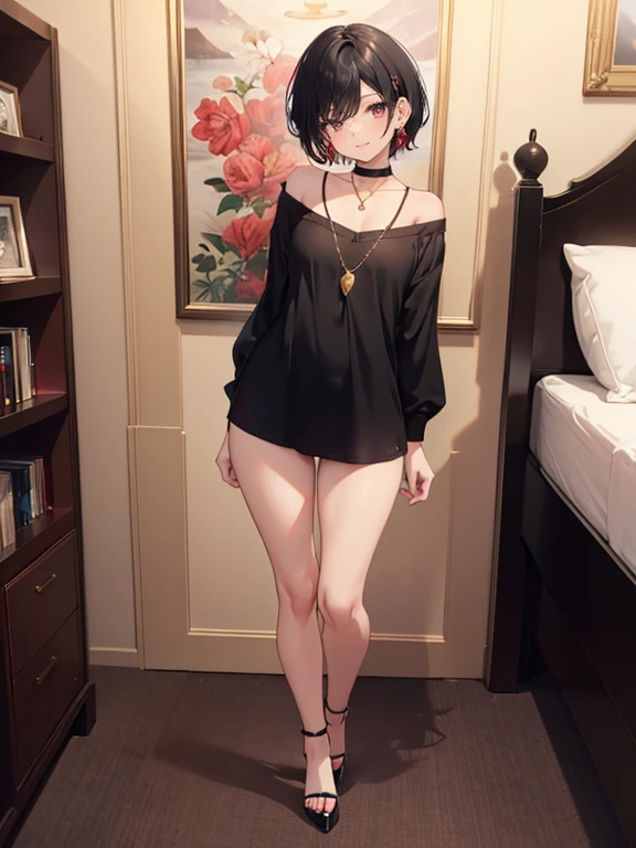 (masterpiece), best quality, perfect face, perfect anatomy, detailed light, curvy, boy, short black hair, red ruby eyes, choker, wide hips, happy, bangs, slim, mature body, full lips, flat chest, otoko no ko, wife, anime, using a gold wedding ring with a ruby on left hand, make up, pov, bare legs, nude, bedroom, red lipstick, 1.66, small foot, gold hoop earings, full body, standing, thick tighs, very short haircut, smiling, black platform high heels, standing, full body, black microshorts, black shirt, sfw,