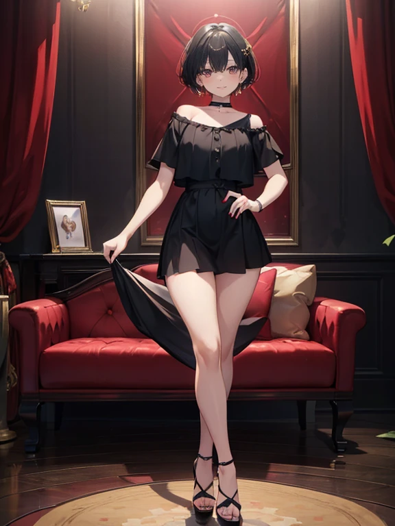 (masterpiece), best quality, perfect face, perfect anatomy, detailed light, curvy, boy, short black hair, red ruby eyes, choker, wide hips, happy, bangs, slim, mature body, full lips, flat chest, otoko no ko, wife, anime, using a gold wedding ring with a ruby on left hand, make up, pov, bare legs, nude, bedroom, red lipstick, 1.66, small foot, gold hoop earings, full body, standing, thick tighs, very short haircut, smiling, black platform high heels, standing, full body, black microshorts, black shirt, sfw,