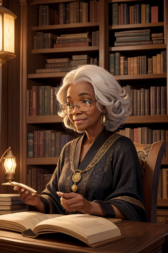 (a wise old black woman),lit by a lamp in a library,vibrant colors,vivid details,realistic lighting,high-res,hint of nostalgia,intricate bookshelves,soft reading chair,aged wooden tables,dusty air particles,gentle smile,wise eyes,flowing white hair,regal posture,curling antique handwriting,classic literature,dimly lit corners,peaceful ambiance,stacks of books,reverence for knowledge,mural on the ceiling,engravings on the walls,leather-bound tomes,long shadows,dappled light,subtle fragrance of old books,cosy atmosphere,quiet whispers of turning pages