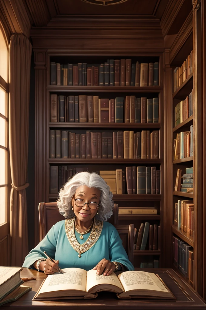 (a wise old black woman),lit by a lamp in a library,vibrant colors,vivid details,realistic lighting,high-res,hint of nostalgia,intricate bookshelves,soft reading chair,aged wooden tables,dusty air particles,gentle smile,wise eyes,flowing white hair,regal posture,curling antique handwriting,classic literature,dimly lit corners,peaceful ambiance,stacks of books,reverence for knowledge,mural on the ceiling,engravings on the walls,leather-bound tomes,long shadows,dappled light,subtle fragrance of old books,cosy atmosphere,quiet whispers of turning pages