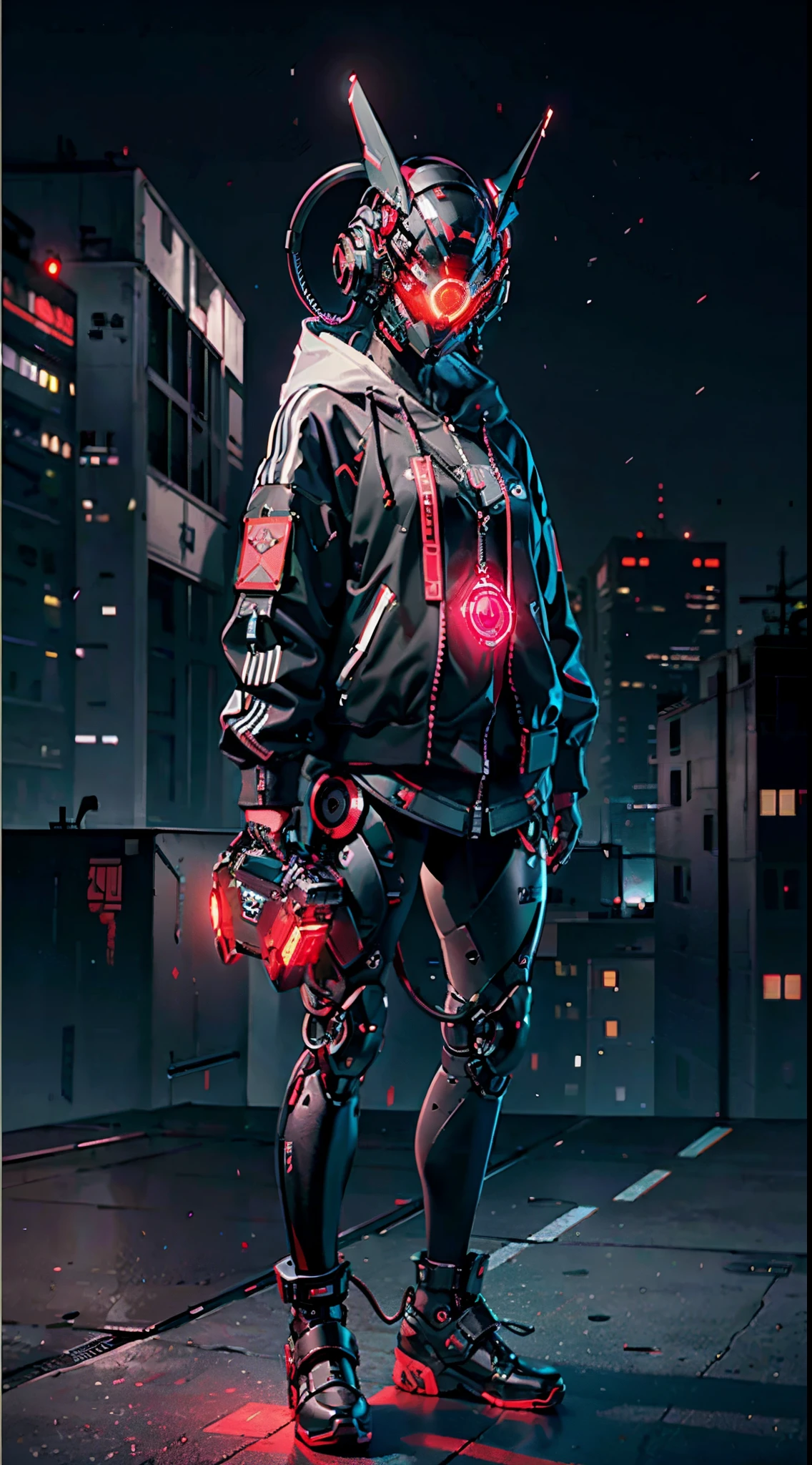Masterpiece, best quality, a close-up of a futuristic-looking cyborg girl with a fantastic cyberhelmet head with red triangular LED lights and a halo, dressed in a black Techwear jacket, full body white background