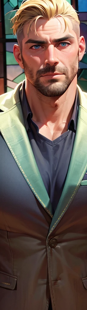 (best quality,4k,8k,highres,masterpiece:1.2),ultra-detailed,(realistic,photorealistic,photo-realistic:1.37), 40-year-old man, huge pecs, Chinstrap Beard without mustache, Wide Clavicles, Hulk Physique, muscular arms, blue jacket, blonde hair, male, detailed facial features, piercing blue eyes, strong jawline, rugged look, Rugged Features, Stained Glass Background