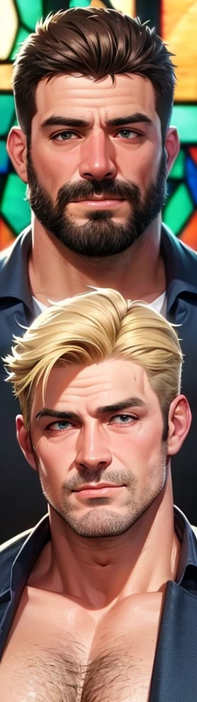 (best quality,4k,8k,highres,masterpiece:1.2),ultra-detailed,(realistic,photorealistic,photo-realistic:1.37), 40-year-old man, huge pecs, Chinstrap Beard without mustache, Wide Clavicles, Hulk Physique, muscular arms, blue jacket, blonde hair, male, detailed facial features, piercing blue eyes, strong jawline, rugged look, Rugged Features, Stained Glass Background
