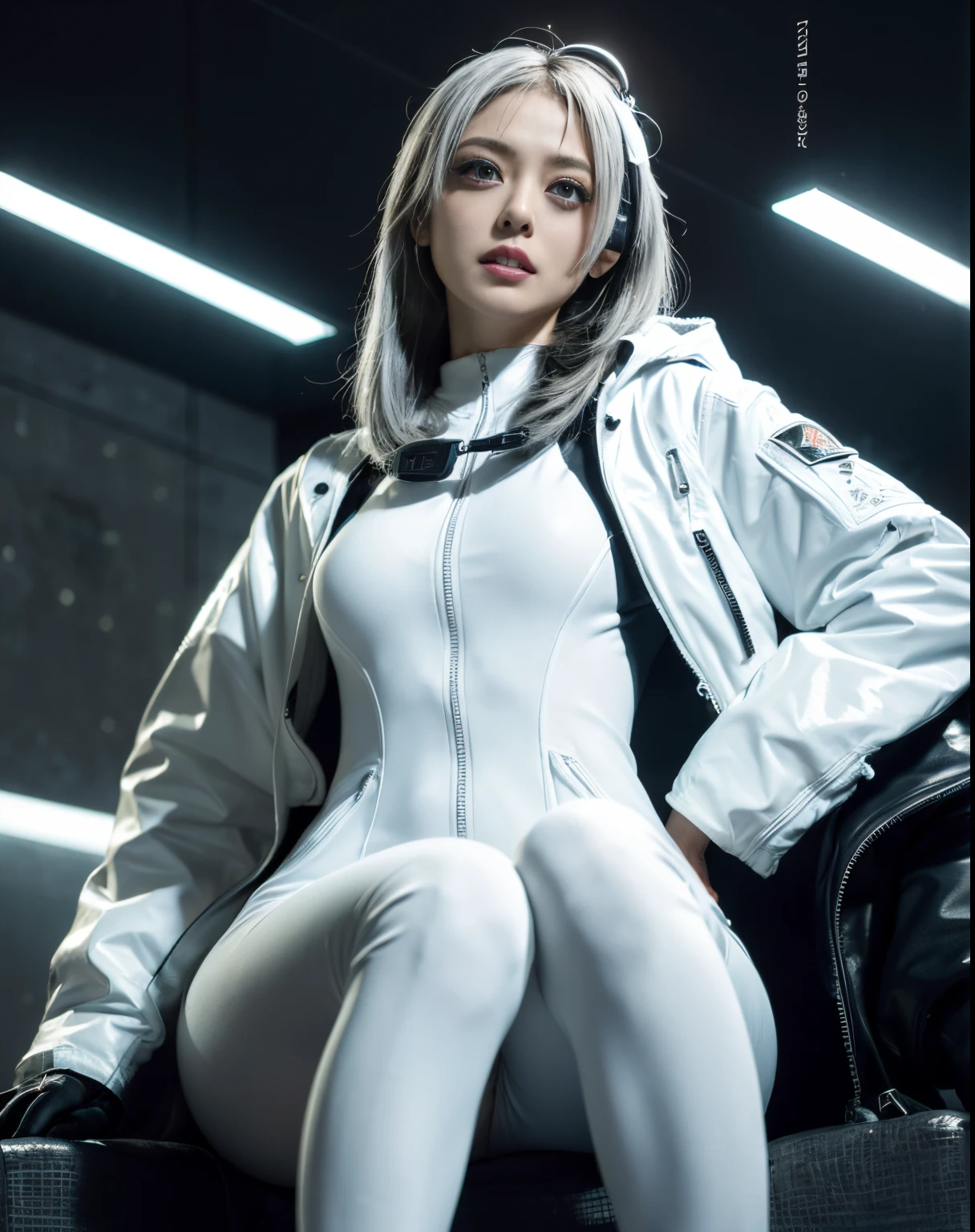 Masterpiece, 8K, award-winning photos, photorealistic, realistic, ultra detailed, ultra high definition, ray tracung, 
///human 
1girl, the most beautiful, 27 years old , no makeup, nude lip, small face, (gray hair:1.2), short hair, (blue eyes:1.4), (Double eyelid, droopy eyes), (smile, teeth), mole under eye, detailed eyes, sharp pupils, realistic pupils,
///human Detail 
Shiny skin, detailed skin, detailed face, beautiful teeth, 
/// face Detail
BREAK (light color large breasts:1.2), slender waist, toned thighs, toned arms, tan skin,
 ///pose Composition 
BREAK (Focus Face:1.4), sitting, (from below:1.2), look at viewer, White lightning, dramatic lightning,
///background 
BREAK (black theme:1.3), Inorganic concrete studio with window, Blury background, highly detailed background, ///fashion 
BREAK (black and White theme:1.4), (cyberpunk fashion:1.2), (wear a fluorescent White oversized open military-jacket over a black latex catsuit:1.4), (open jacket:1.3), (numerous tubes extend from a futuristic headset with parts that glow White light:1.3),
BREAK (glow White Geometric-pattern on black fullsuit:1.3), (Electronic circuit pattern that emit illumination light:1.3), ((Electronic circuit embedded, multilayer armor plates) with fluorescent yellow oversized open military-jacket:1.3), (black Harness:1.3), ((barcode, logo, text):1.2), (fluorescent White ski-boots:1.1), ((black military-gloves, knee pads):1.2),
///Quality of finishing 
ultra-realistic textures, raw photo,