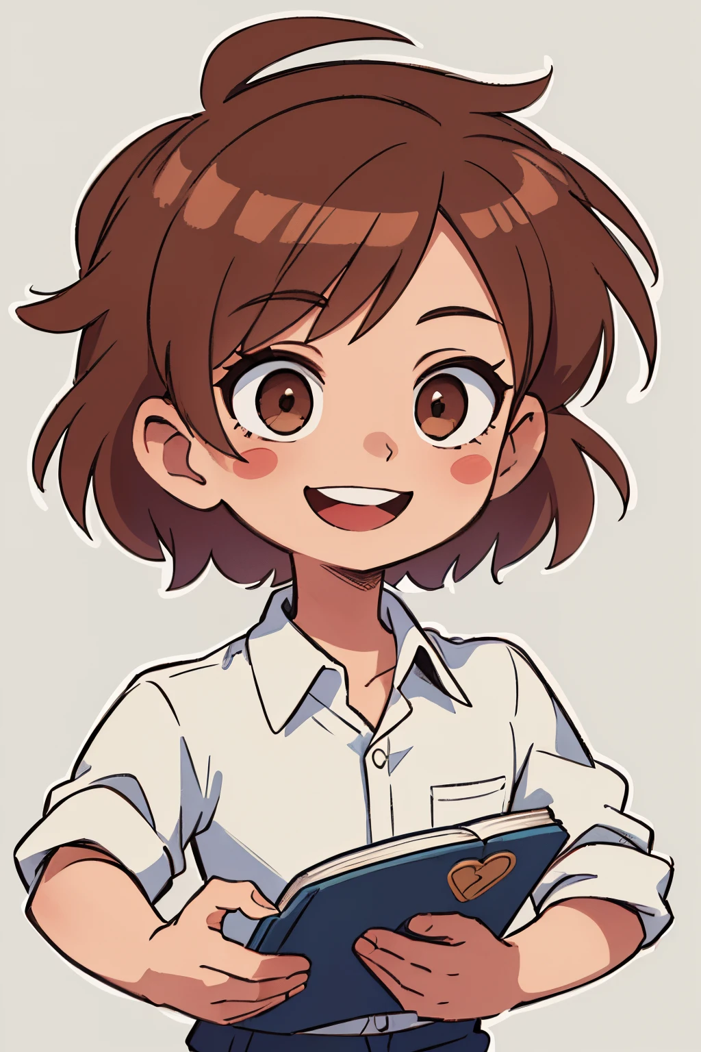 ((best quality, masterpiece)), ((die-cut sticker)), [(simple background:1.3),::5], (solid outline:1.2), chibi, ((1boy)), white button up shirt, ((brown short messy hair):1.1) reading book ((smiling, confident, happy):1.1),