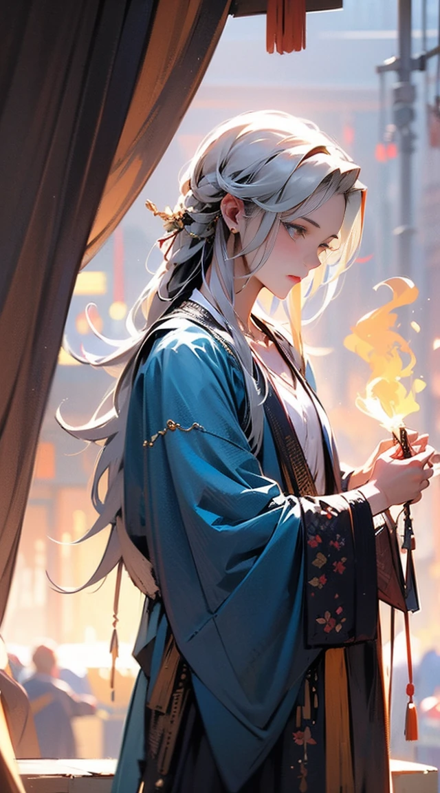 A handsome boy，male people，silver pendant，Long white hair，dark strong blue eye，tear-mole，High and high，long leges，outdoor background，Control the golden flame，Clear facial features、Amazing facial features，ancient Chinese costume、Chinese cyberpunk，hair adornments，Ultra-complex design，Xiu Xian costume，period clothing，Amazing lighting，c4d，oc rendered，cinematic rim light，delicate glow，tmasterpiece，super detailing，Epic work，hyper HD，high high quality，32K