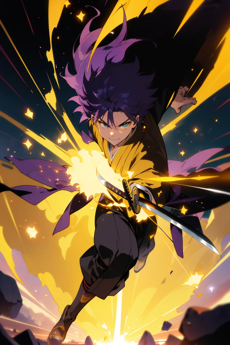 masterpiece, best quality, 1boy, trunks, purple hair, (black kimono:1.4), detailed eyes, dark purple jacket, dark yellow boots, blue eyes, (katana:1.4), zanpakutou, smiling,( at night:1.4), day, natural light, fighting pose, damaged clothes, damaged skin, street, japanese street, low light, light rays, aura power, (yellow particles:1.4),(floating particles:1.4), doing a power, looking ahead, male focus, muscles, movie composition, deth of field, bokeh, standing, full body