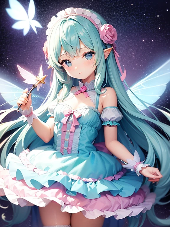Illustration of a sweet lolita fairy PVC figure with pastel pink and blue color palette, big sparkling eyes, delicate wings, and holding a tiny magical wand while standing on a flower petal. The fairy has a playful and innocent expression, with frilly and intricate details on her dress and accessories