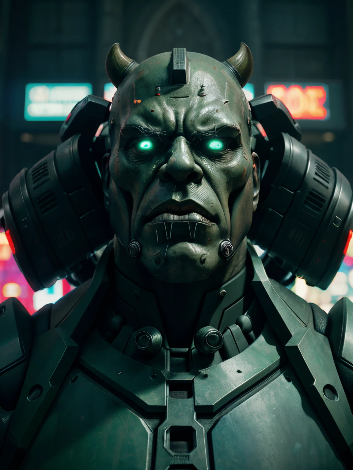 Portrait, Hulk Horseman of the Apocalypse from Marvel, biomechanical, complex robot, full growth, hyperrealistic, insane small details, extremely clean lines, cyberpunk aesthetic, masterpiece featured at Zbrush Central, gothic brutalist cathedral, cyberpunk, award-winning photo, bokeh, neon lights, cybernetic limb