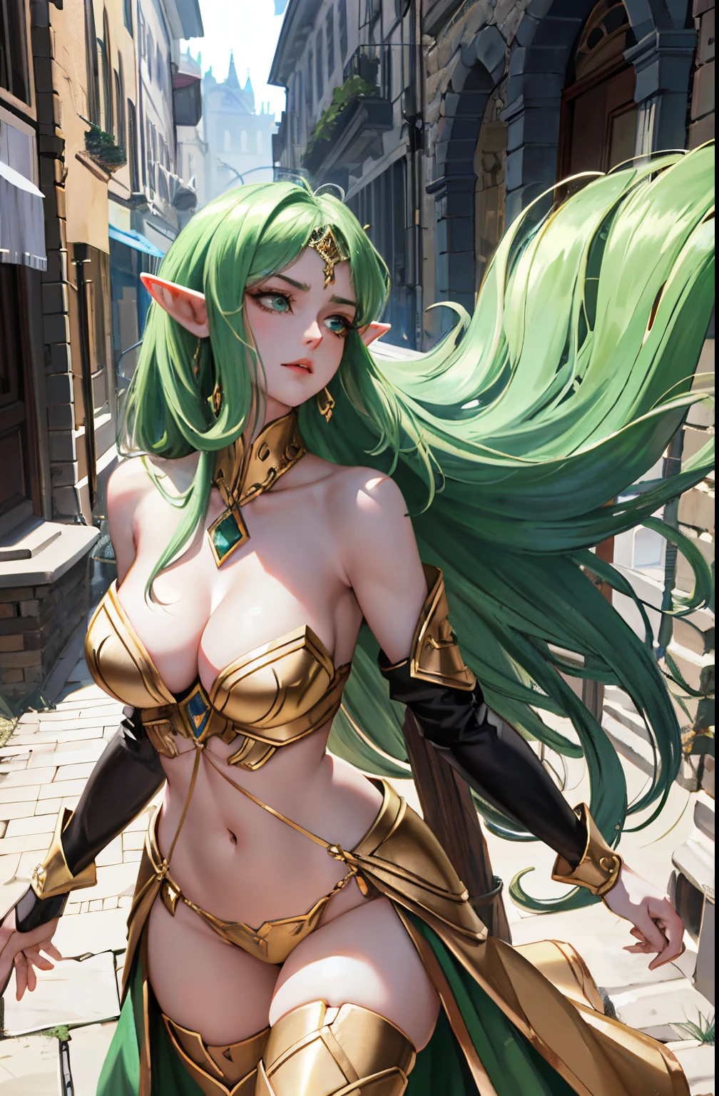 A tall and beautiful elf woman, with green pupils, contempt in her eyes, a cold expression, a haughty posture, chest up, golden light armor all over her body, exposed chest, exposed shoulders, exposed navel, exposed thighs, looking up camera, strolling through medieval streets.