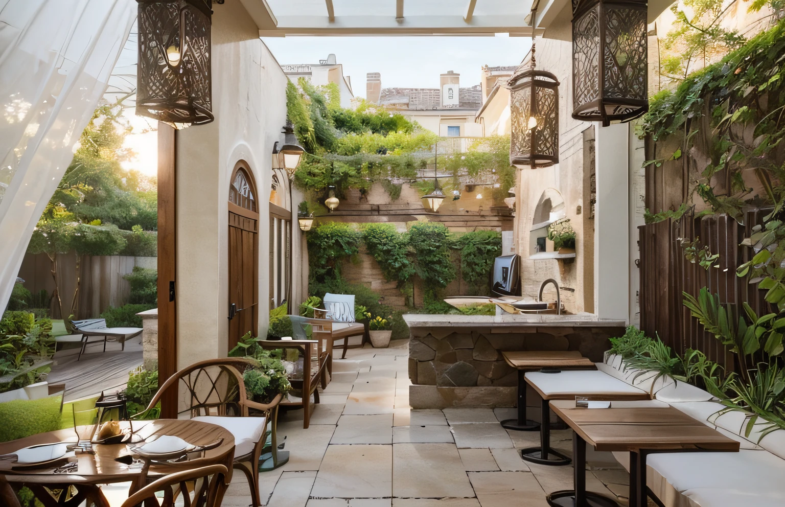 Interior Design: Garden Scene: Use large glass doors to maximize natural light and create an open-space feel. Design an outdoor seating area with lightweight wooden chairs, comfortable cushions, and potted plants to create a close connection with nature. Indoor Furnishings: Use natural wood or white-painted wood furniture to evoke a vintage and luxurious feel. Opt for classic-style chandeliers or wall decorations featuring garden scenes, flowers, and leaves to enhance beauty and a sense of closeness to nature. Combine sofas, chairs, and wooden tables with lightly colored fabric or leather cushions to create a comfortable and cozy ambiance. Bar and Serving Area: Utilize natural materials like wood or stone for the bar counter to accentuate the interior space. Install LED lights under the bar counter to add focal points and enhance aesthetic appeal. Exterior Design: Garden Area: Create a lush green garden with grass, foliage, and stone pathways or brick pavements to mimic a European garden atmosphere. Arrange outdoor tables and chairs in natural light and provide shade with umbrellas or canopies to protect customers during unfavorable weather. European-Style Exterior Design: Implement classical architecture elements such as columns, arched doorways, or tiled roofs to emphasize European architectural aesthetics. Design small spaces adorned with stone or wooden benches for customers to enjoy the outdoor ambiance and appreciate the garden's beauty. Lighting and Decor: Use decorative lights hanging on trees or ground-level lighting for the exterior space during the evening. Decorate with LED strip lights around trees or walls to create focal points of light and a romantic ambiance. Additional Suggestions: Use materials like granite, natural tiles, or wood for the flooring and garden to create a closer and more natural feel. Employ light and gentle colors such as green, natural wood tones, and white to establish a sense of comfort and relaxation. Consider adding feat