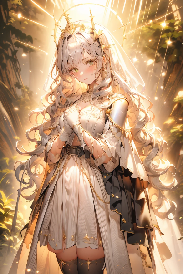 1girl, mace, solo, shirogane noel, virtual youtuber, breasts, green eyes, gloves, wavy hair, fingerless gloves, grey hair, medium hair, armor, thighhighs, cleavage, full body, white background, large breasts, black gloves, weapon, belt, looking at viewer, simple background, mole on breast, black thighhighs, closed mouth, chest belt, holding, holding weapon, braid, bangs, mole, waist cape, boots, blush, shoulder armor, skirt, tiara, pelvic curtain, buckle, pouch, hair between eyes, brown belt, wrist guards, clothing cutout, armored dress, cleavage cutout, vambraces, gold trim, belt buckle, hairband