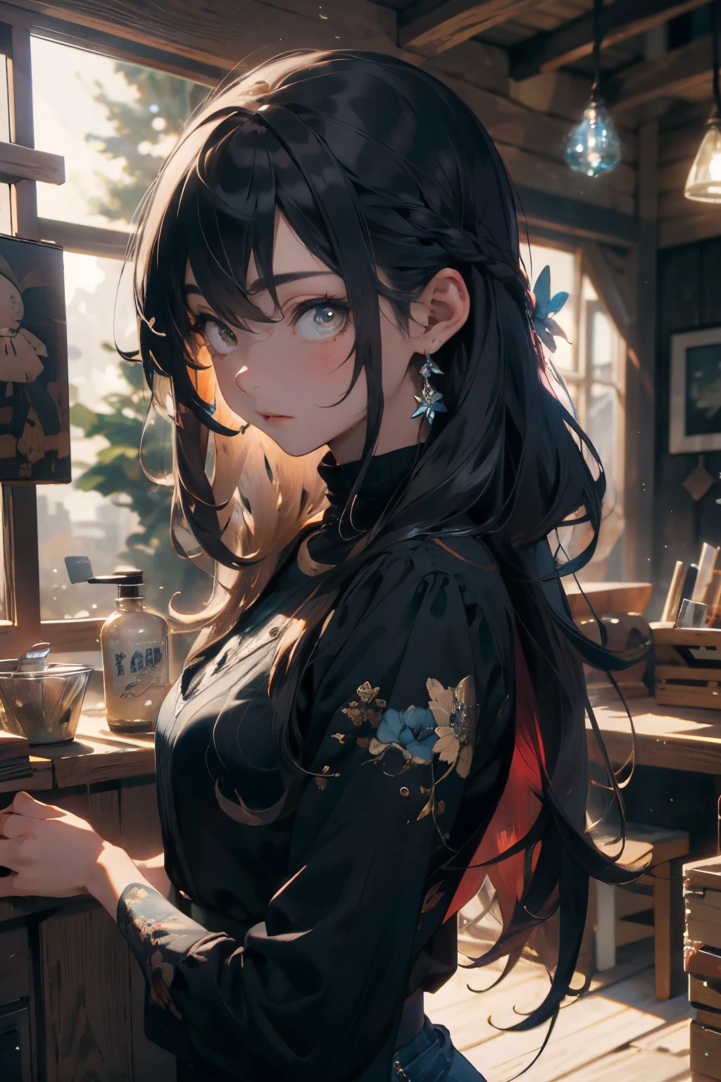 make realistic,(nmasterpiece,top Quority,best qualtiy,offcial art),Heavily detailed,Colorful,Most detailed,Fairy chalet,Broad background,Kamimei,length hair,cabelos preto e longos,Beautiful man