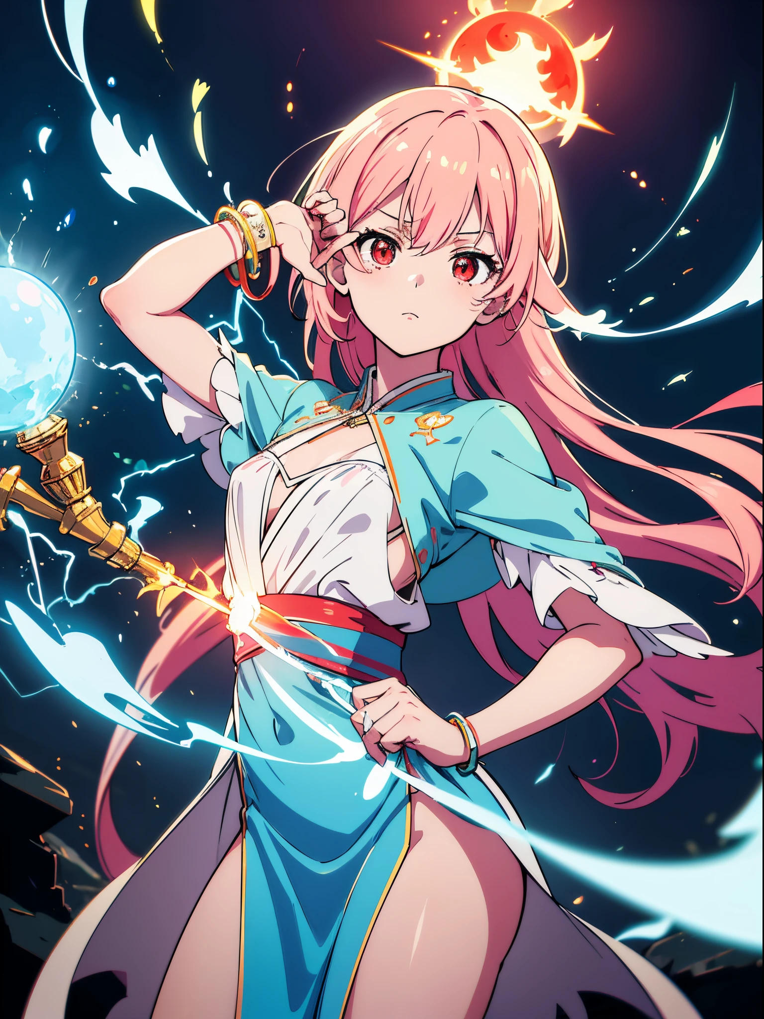 (flat color:1.3),(colorful:1.3),(masterpiece:1.2), best quality, original, extremely detailed wallpaper, looking at viewer, upperbody shot of a girl infused with lightning, fully clothed with blue long robe, highly detailed, extremely detailed, red eyes, electric, red moon, Rays of Shimmering Light, Cinematic Lighting, Matte, Stone, Milky Quartz, Opalite, Jewelry, Silk, Feathers, Water splash, Fog, Electric, Electricity, sparks, lensflare, rim lighting, backlighting, Bracelet, Chromatic Aberration, RTX, Post Processing