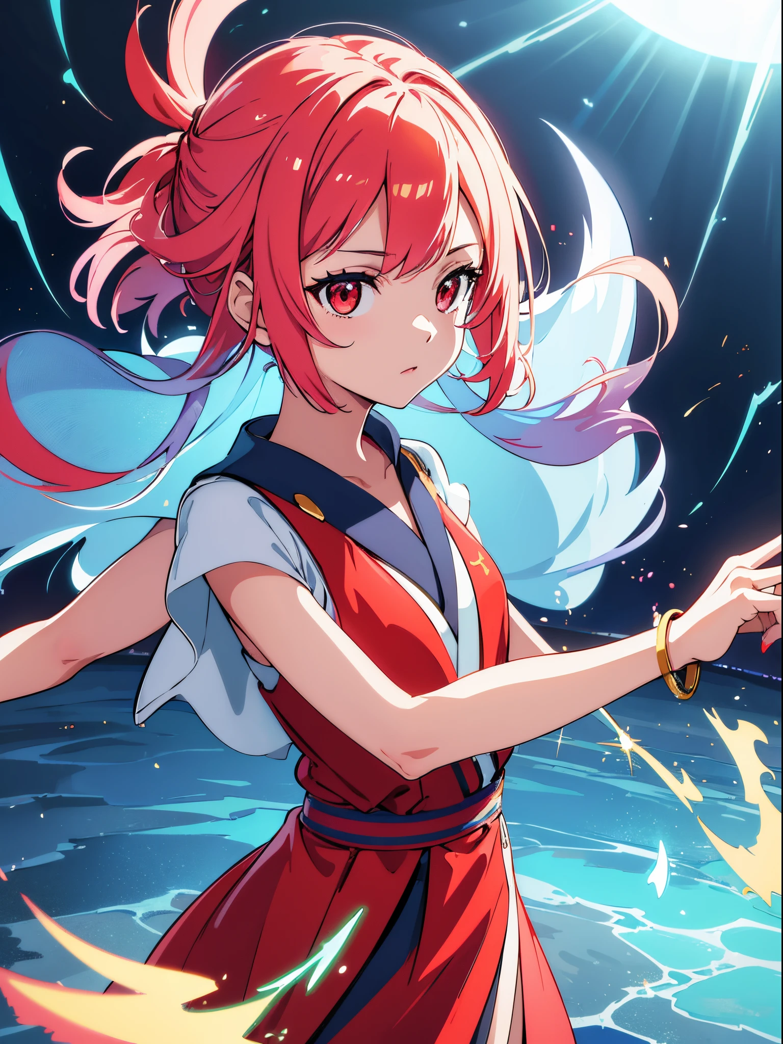 (flat color:1.3),(colorful:1.3),(masterpiece:1.2), best quality, original, extremely detailed wallpaper, looking at viewer, upperbody shot of a girl infused with lightning, fully clothed with blue long robe, highly detailed, extremely detailed, red eyes, electric, red moon, Rays of Shimmering Light, Cinematic Lighting, Matte, Stone, Milky Quartz, Opalite, Jewelry, Silk, Feathers, Water splash, Fog, Electric, Electricity, sparks, lensflare, rim lighting, backlighting, Bracelet, Chromatic Aberration, RTX, Post Processing