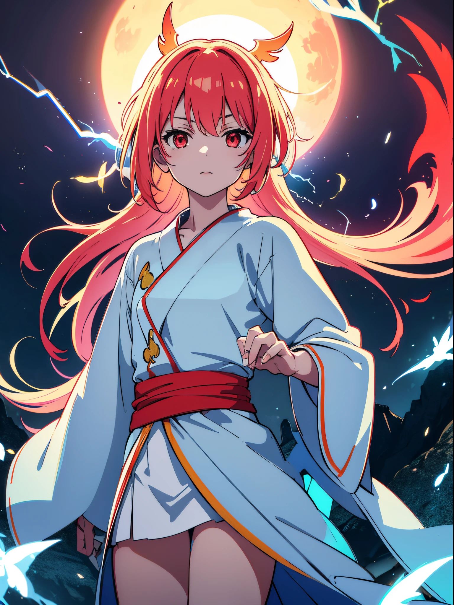 (flat color:1.3),(colorful:1.3),(masterpiece:1.2), best quality, original, extremely detailed wallpaper, looking at viewer, upperbody shot of a girl infused with lightning, fully clothed with blue long robe, highly detailed, extremely detailed, red eyes, electric, red moon, Rays of Shimmering Light, Cinematic Lighting, Matte, Stone, Milky Quartz, Opalite, Jewelry, Silk, Feathers, Water splash, Fog, Electric, Electricity, sparks, lensflare, rim lighting, backlighting, Bracelet, Chromatic Aberration, RTX, Post Processing