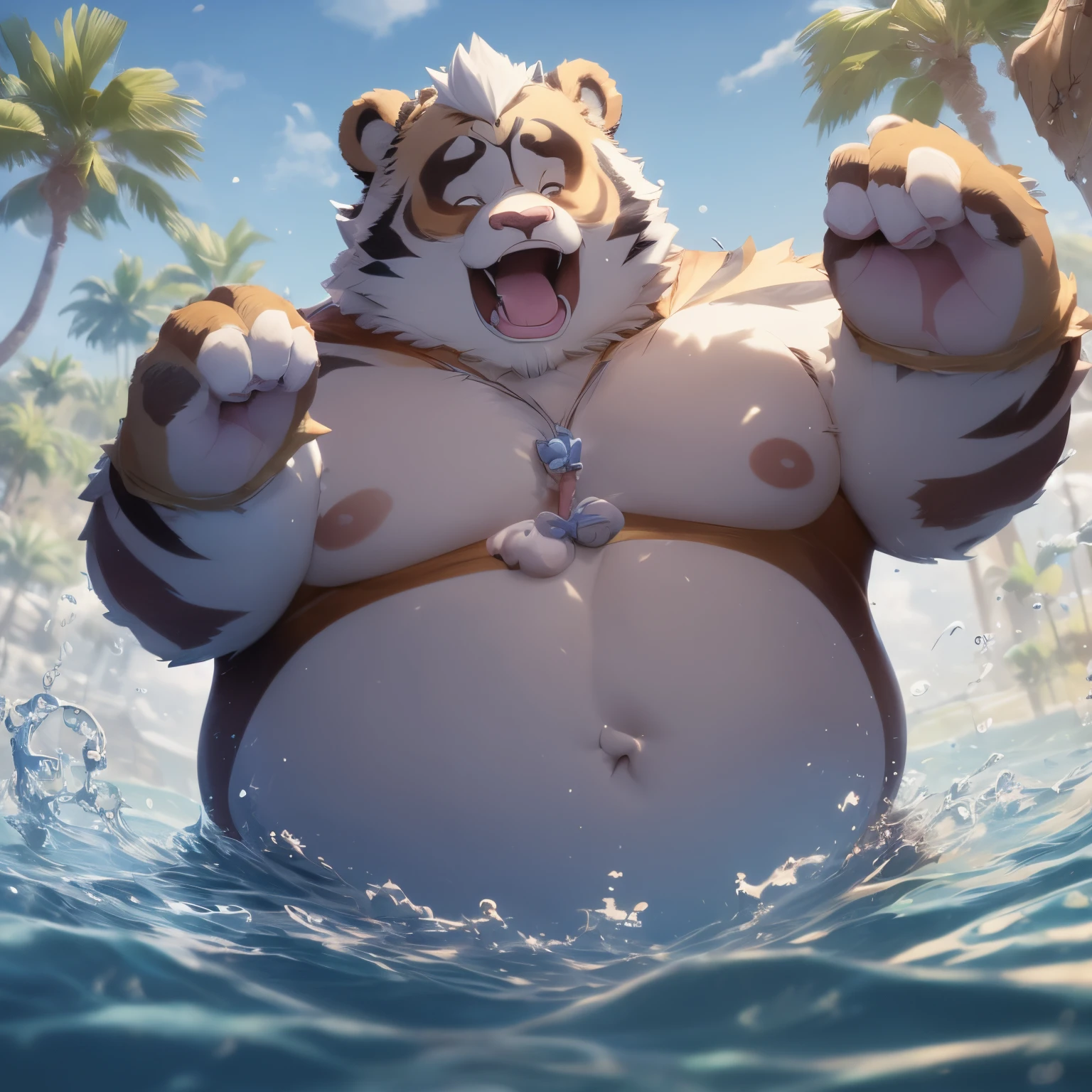 sketch disney style image of a male pandaren child with a robust, muscular chubby build, ponytail for a hairstyle, topless and wearing a loincloth. disney style character design placed in a setting that captures the essence of swimming pools. Surroundings and details complement the scene, creating a dynamic atmosphere.