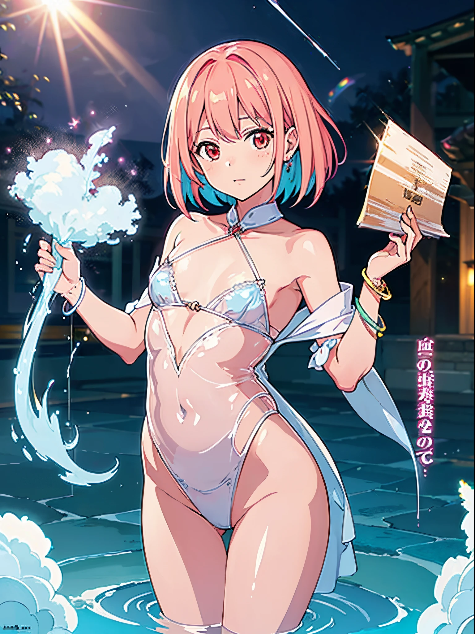 (flat color:1.3),(colorful:1.3),(masterpiece:1.2), best quality, original, extremely detailed wallpaper, looking at viewer, upperbody shot of a girl infused with lightning, fully clothed with blue long robe, highly detailed, extremely detailed, red eyes, electric, red moon, Rays of Shimmering Light, Cinematic Lighting, Matte, Stone, Milky Quartz, Opalite, Jewelry, Silk, Feathers, Water splash, Fog, Electric, Electricity, sparks,  lensflare, rim lighting, backlighting, Bracelet, Chromatic Aberration, RTX, Post Processing