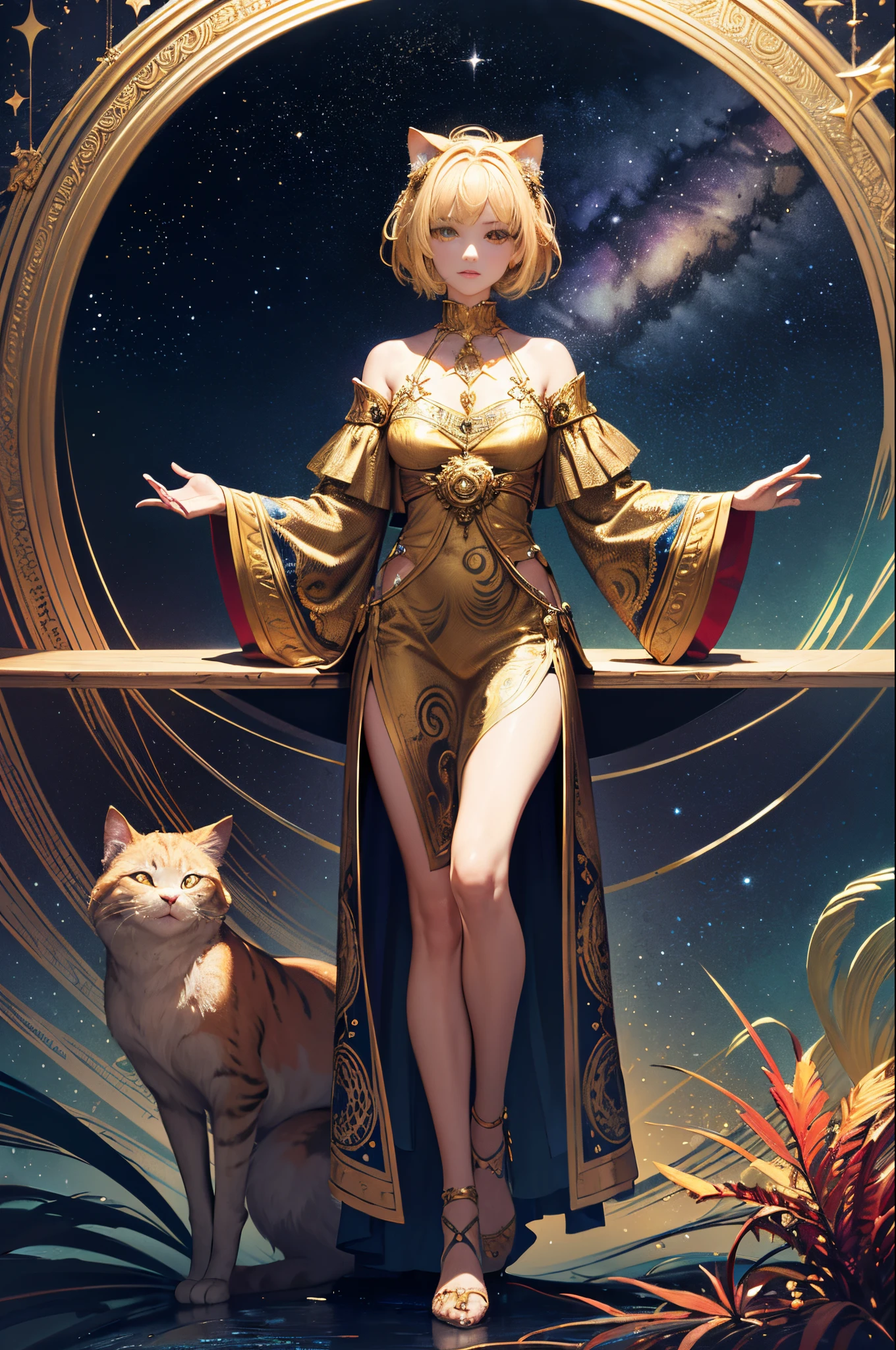 Realistic, (Masterpiece, Top Quality, Best Quality, Official Art, Beautiful and Aesthetic: 1.2), Very Detailed, Fractal Art, Colorful, Most Detailed, Leo, (Abstract Background: 1.5) (1girl: 1.3), (Cat class), yellow hair, bright eyes, earnest, combed back, short hair, , milky way, huge magical gold Leo astrolabe,dream,fantasy, gold trim,beautiful detailed sky,Style and Decoration for Leo, leo goddess,(nsfw:0.8)
delicate refective and high glass guardrail board