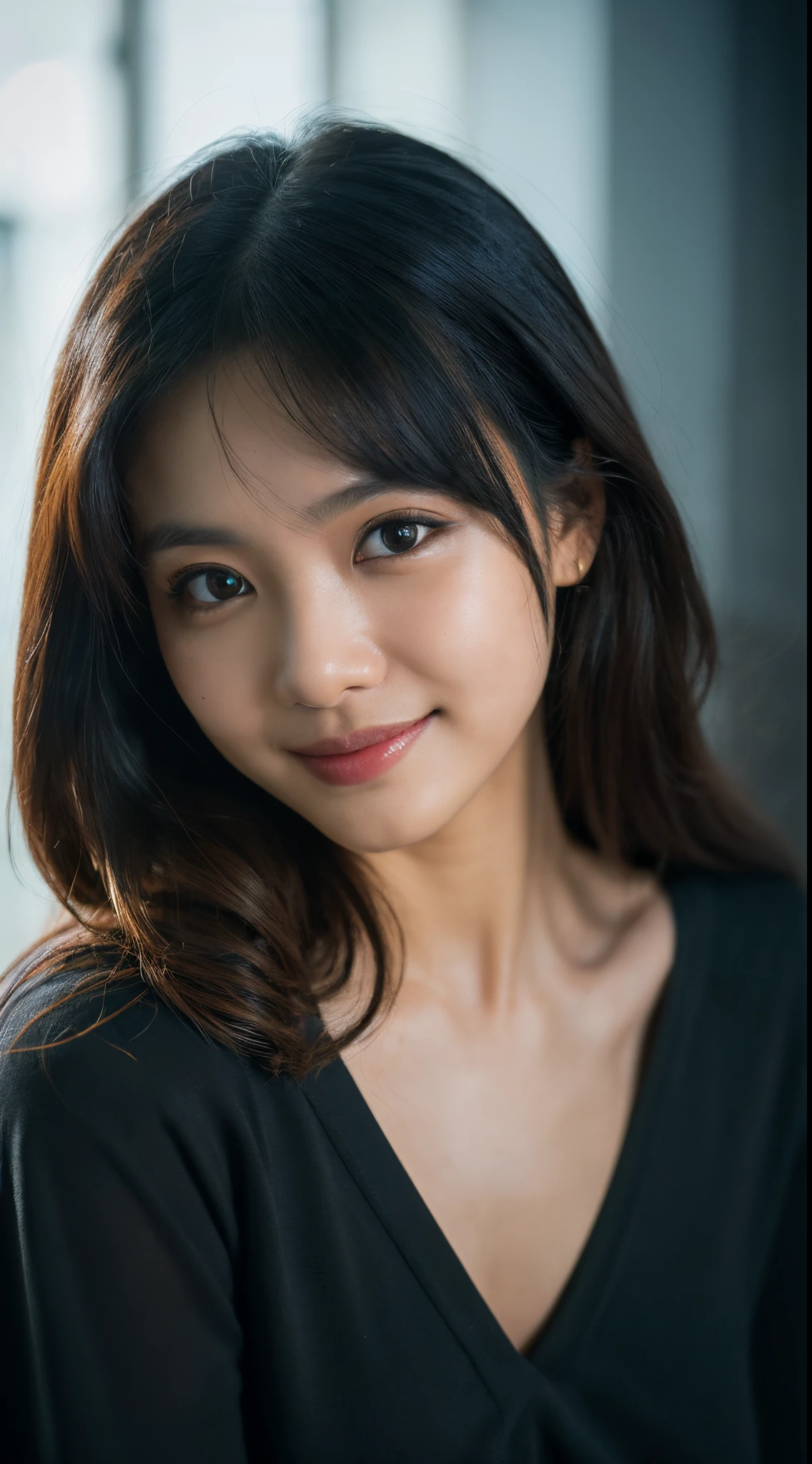 highest quality, epic realistic, ((in the pitch black darkness :1.4)), ((portrait:1.5)),(background: dark ) high contrast ,glorious picture, lowest lux, lighting face, she's comfortable, wearing nothing, , looks incredible, (8k, Raw photo, Highest quality),(epic realistic:1.5), a woman, face,(detailed eyes:0.8),(looking at the camera:1.4), (Highest quality), ( high contrast, deep shadows),Intricate details,cinematic,((skin:1.4)), (long dark hair:1.3), long hair, messy ,(Hdr:1.5),Detailed, colors, Superior quality, Masterpiece, Raw Photo (20-year-old, looking at viewer), beautiful, (wearing plain yellow shirt,), perfect, natural, perfect composition, portrait, perfect face, smiling expression, Captivating eyes, Bright details, Tight lips, (High Skin Detail),, (blue tint: 0.6), (sale: 0.8), (bloody: 0.7), Key lighting , (backlight: 0.5), Medium depth of field, Canon 5d, 50mm lens, f/4 apertures, (Ultra-detailed, Complex detail), sharp focus, soft colors, 8k, Absurd, 80mm, dark background, photography, smiling, pinay, filipina, medium boobs,