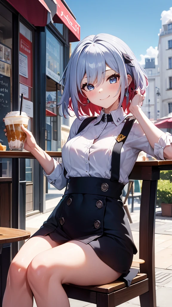 Masterpiece, best qualiy, resolution 4k,Sitting at a cafe table, classic city background, drinking Boba, Paris location, girl, shy face, smile, casual clothes, short clothes, short skirts,