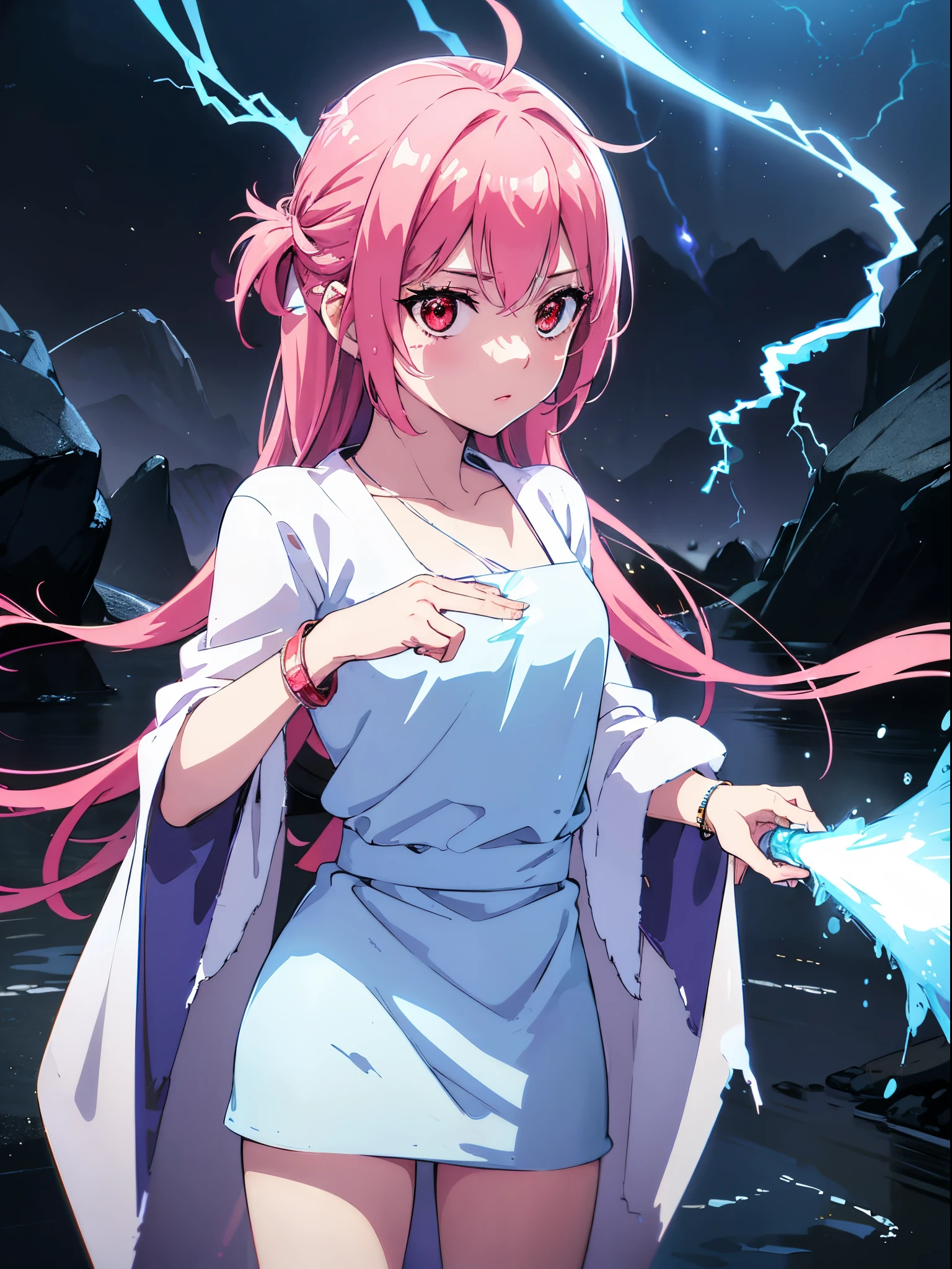 (flat color:1.3),(colorful:1.3),(masterpiece:1.2), best quality, original, extremely detailed wallpaper, looking at viewer, upperbody shot of a girl infused with lightning, fully clothed with blue long robe, highly detailed, extremely detailed, red eyes, electric, red moon, Rays of Shimmering Light, Cinematic Lighting, Matte, Stone, Milky Quartz, Opalite, Jewelry, Silk, Feathers, Water splash, Fog, Electric, Electricity, sparks, lensflare, rim lighting, backlighting, Bracelet, Chromatic Aberration, RTX, Post Processing