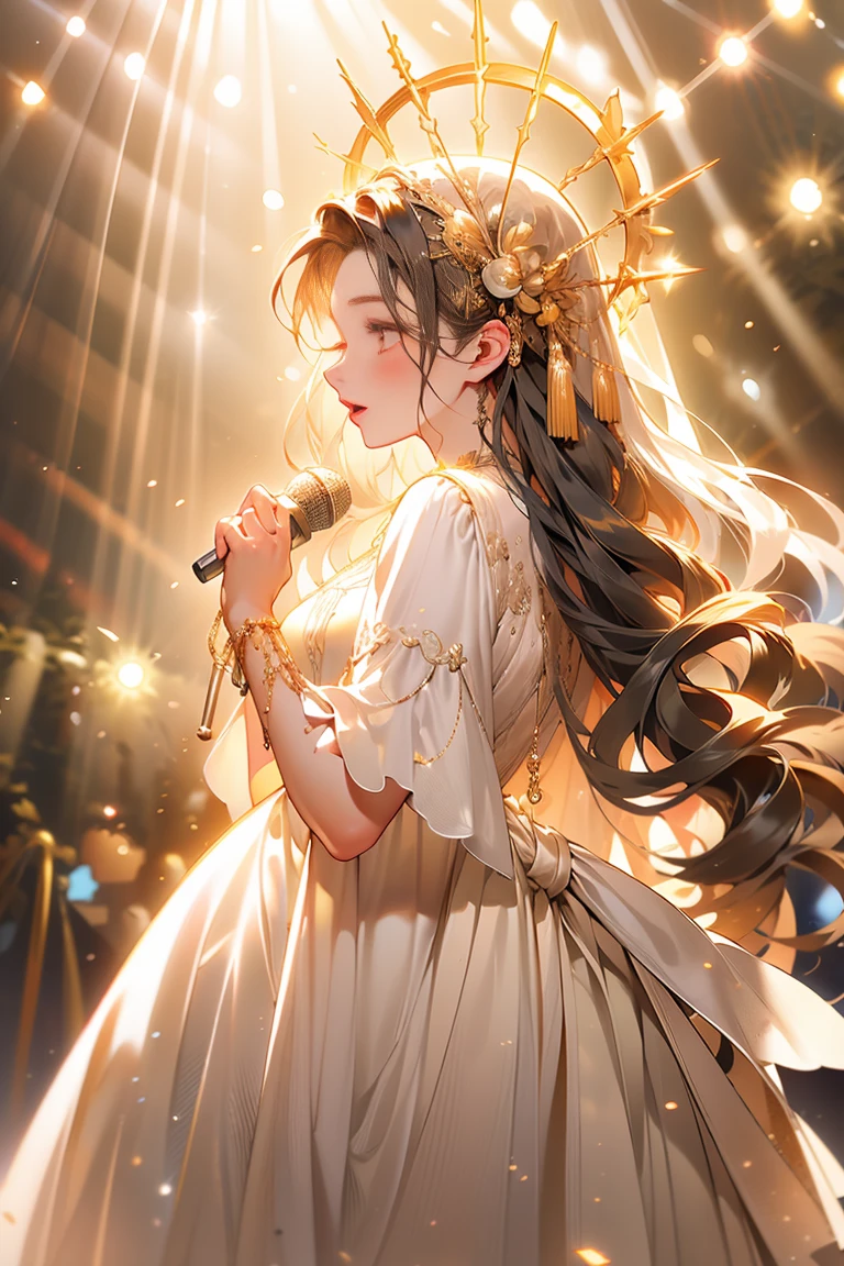 (masterpiece),(best quality),(ultra-detailed), beautiful detailed face. 1girl, idol singer, long skirt, on the stage, microphone