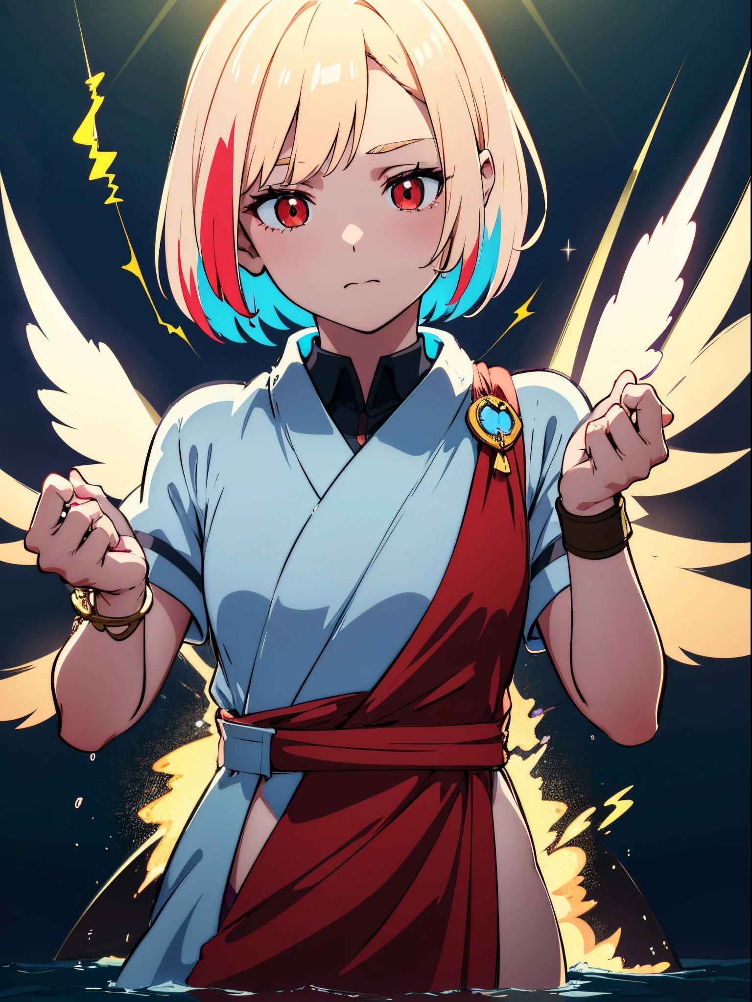 (flat color:1.3),(colorful:1.3),(masterpiece:1.2), best quality, original, extremely detailed wallpaper, looking at viewer, upperbody shot of a girl infused with lightning, fully clothed with blue long robe, highly detailed, extremely detailed, red eyes, electric, red moon, Rays of Shimmering Light, Cinematic Lighting, Matte, Stone, Milky Quartz, Opalite, Jewelry, Silk, Feathers, Water splash, Fog, Electric, Electricity, sparks, lensflare, rim lighting, backlighting, Bracelet, Chromatic Aberration, RTX, Post Processing