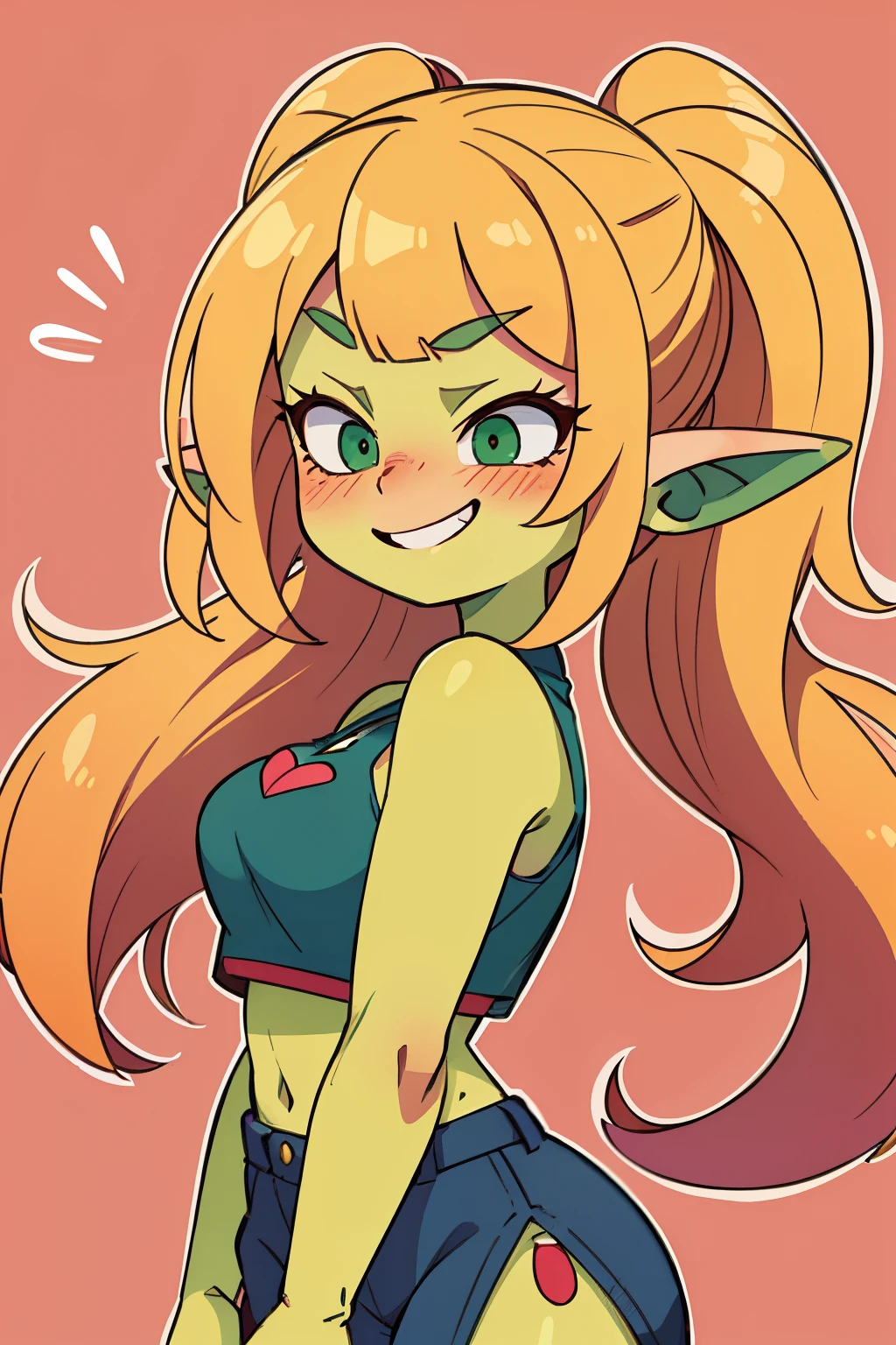 ((best quality, masterpiece)), ((die-cut sticker)), [(simple background:1.3),::5], (solid outline:1.2), chibi, 1girl,((green skin, pointy long ears):1.3), Pink crop top, make up, eyelyeliner, long blonde hair, blonde pigtails, ((smiling, smug expression, embarrassed, blush):1.1),