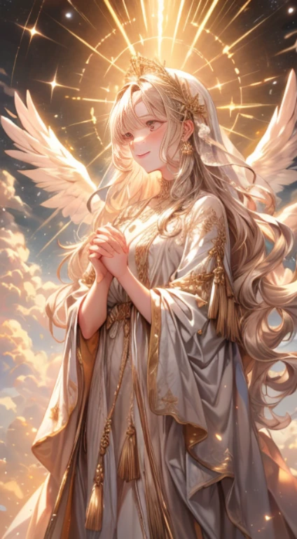 Imagine the breathtaking sight of a golden-haired angelic girl with pristine white wings, Standing before you in her heavenly splendor all day. Her radiant smile is、Illuminate the heavens while clutching a magnificent trophy with delicate hands. Trophies are、Shine with a brilliance reflecting her illustrious achievements. Her golden locks sway gently in the celestial breeze, And her wings exude an aura of grace and purity. This heavenly being has accomplished something extraordinary, And the trophy symbolizes her dedication and hard work. When we capture this vision of heaven with artistic talent, Her divine being is、Deliver the stars to others、Inspire them to achieve greatness. This enchanting scene is、Celebrating the triumph of the angelic girl's efforts and the beauty of her heavenly journey.