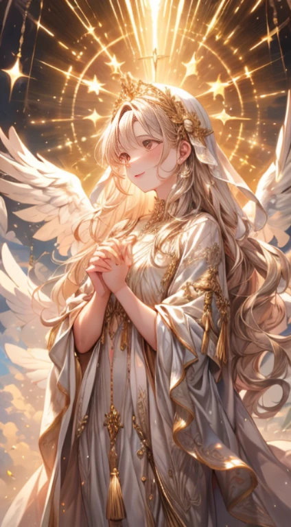 Imagine the breathtaking sight of a golden-haired angelic girl with pristine white wings, Standing before you in her heavenly splendor all day. Her radiant smile is、Illuminate the heavens while clutching a magnificent trophy with delicate hands. Trophies are、Shine with a brilliance reflecting her illustrious achievements. Her golden locks sway gently in the celestial breeze, And her wings exude an aura of grace and purity. This heavenly being has accomplished something extraordinary, And the trophy symbolizes her dedication and hard work. When we capture this vision of heaven with artistic talent, Her divine being is、Deliver the stars to others、Inspire them to achieve greatness. This enchanting scene is、Celebrating the triumph of the angelic girl's efforts and the beauty of her heavenly journey.