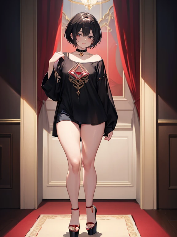 (masterpiece), best quality, perfect face, perfect anatomy, detailed light, curvy, boy, short black hair, red ruby eyes, choker, wide hips, happy, bangs, slim, mature body, full lips, flat chest, otoko no ko, wife, anime, using a gold wedding ring with a ruby on left hand, make up, pov, bare legs, nude, bedroom, red lipstick, 1.66, small foot, gold hoop earings, full body, standing, thick tighs, very short haircut, smiling, black platform high heels, standing, full body, black microshorts, black shirt, sfw,