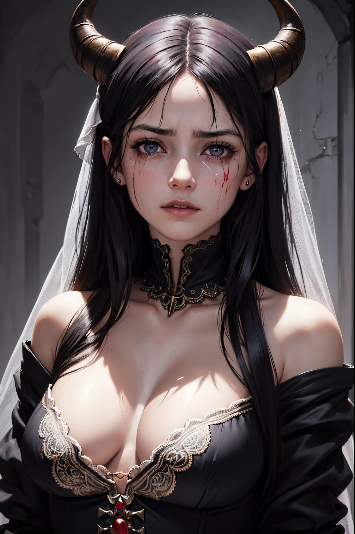 realistic epic, Woman crying with (goat horns 1. 2), sad look, deeply sad facial expression, red and swollen eyes, furrowed eyebrows, red nose, wet cheek, half-open mouth (blood tears 1. 2), (bloodstains on face 1. 4), (dark shot: 1. 4), black hair, beautiful detailed eyes and ears, dramatic lighting, painting style, Gothic art, black eyes, by French painter Alexandre Cabanel, oil painting, (realistic details), (poor peasant clothes 1. 2), veil, neckline, (bare shoulders), gothic lighting, old gothic cathedral background, dim lighting, gloomy