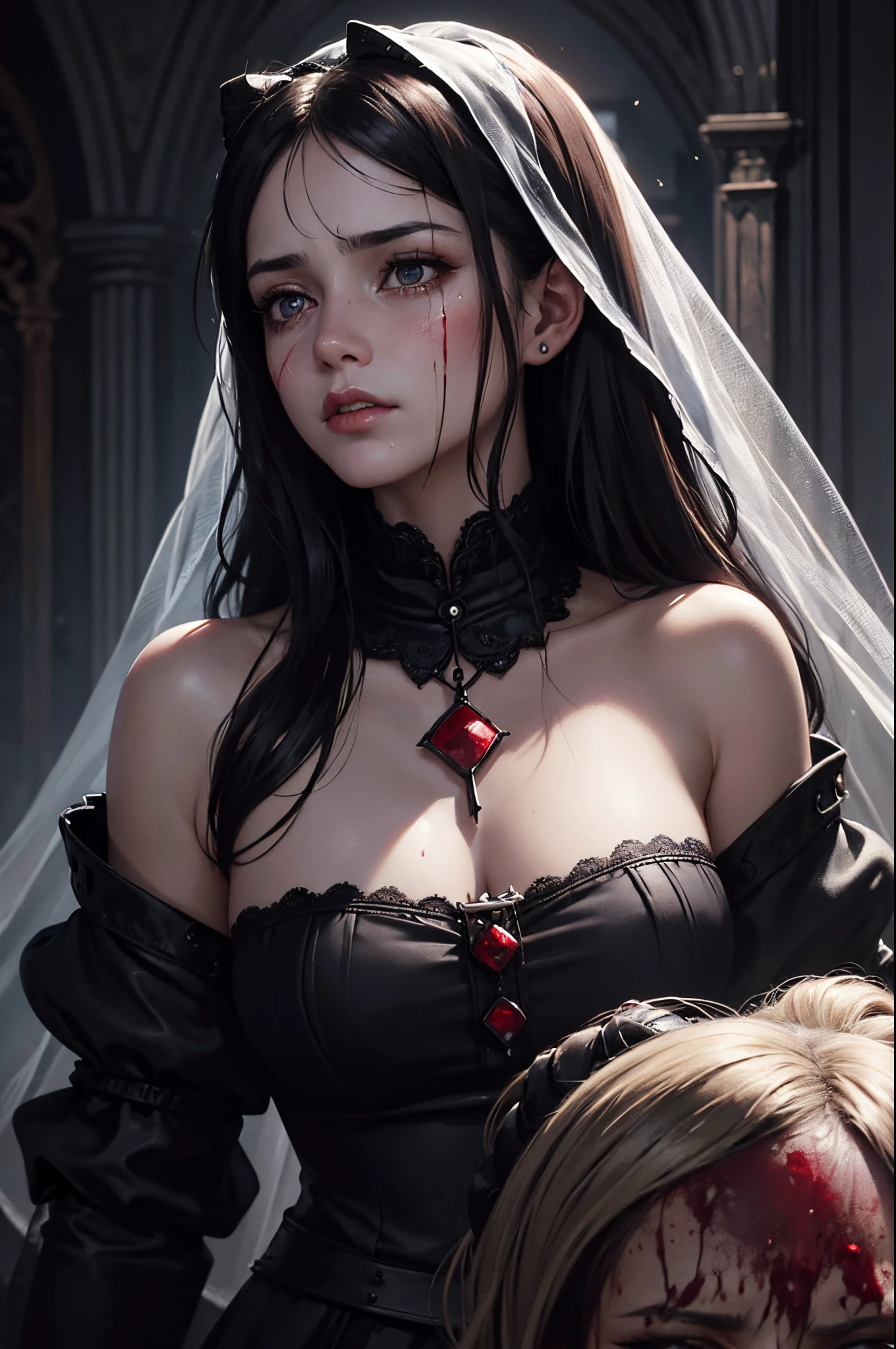 Dynamic shot, masterpiece, dynamic angle, ultra wide shot, fantasy art, ((3 females)), ((2 demon females and a nun)), A picture of 2 beautiful succubus dominating sexy nun on a leash, ((nun in a middle, squatting, legs spread, chained , exposed, scared, obedient, harassed, insecure)), ((beautiful female demons around, dominating, standing above , powerful poses)), demons, beautiful succubuses, horror, dark, sexy, rough domination, domination, bdsm, golden chains,(golden leash), collar, beautiful bodies, slim, horror style, highly detailed faces, horns, horny, scared, stockings, (silk lingerie, stockings), leather tight boots, camera angle from above, looking up, closeup, blue light, blue tones, highres, sharp focus,(ultra detailed,extremely detailed),(photorealistic artwork:1.37),(extremely detailed CG unity 8k wallpaper),(intricate),(masterpiece),(best quality),(intricate background),photo realistic,analog style,((intricate detail)),(((realism))),