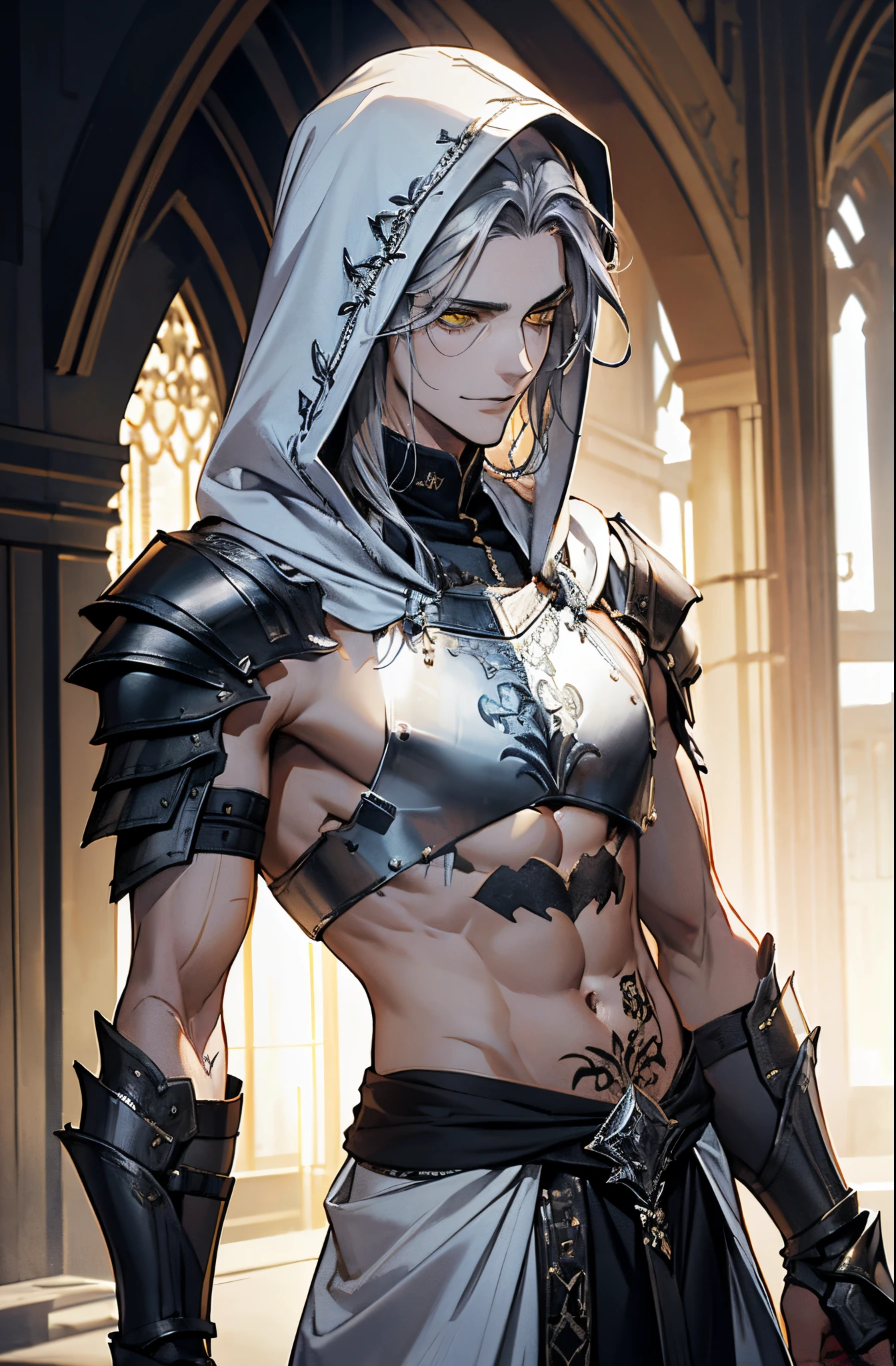 1male, smirk, silver hair, yellow eyes, white hood, shoulder armor, gauntlet armor, chest guard, upper chest armor, bare stomach, tattoos