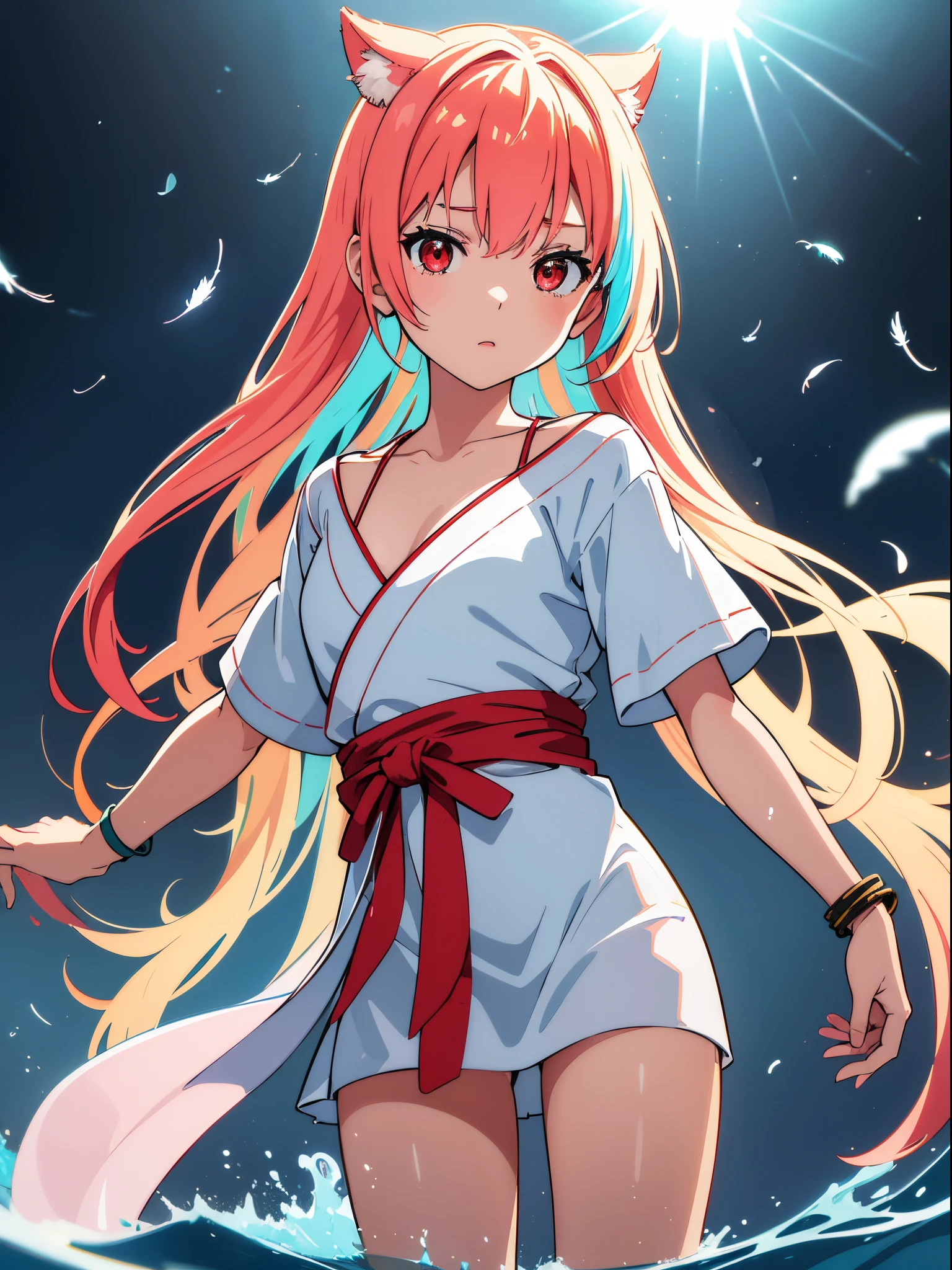 (flat color:1.3),(colorful:1.3),(masterpiece:1.2), best quality, original, extremely detailed wallpaper, looking at viewer, upperbody shot of a girl infused with lightning, fully clothed with blue long robe, highly detailed, extremely detailed, red eyes, electric, red moon, Rays of Shimmering Light, Cinematic Lighting, Matte, Stone, Milky Quartz, Opalite, Jewelry, Silk, Feathers, Water splash, Fog, Electric, Electricity, sparks,  lensflare, rim lighting, backlighting, Bracelet, Chromatic Aberration, RTX, Post Processing