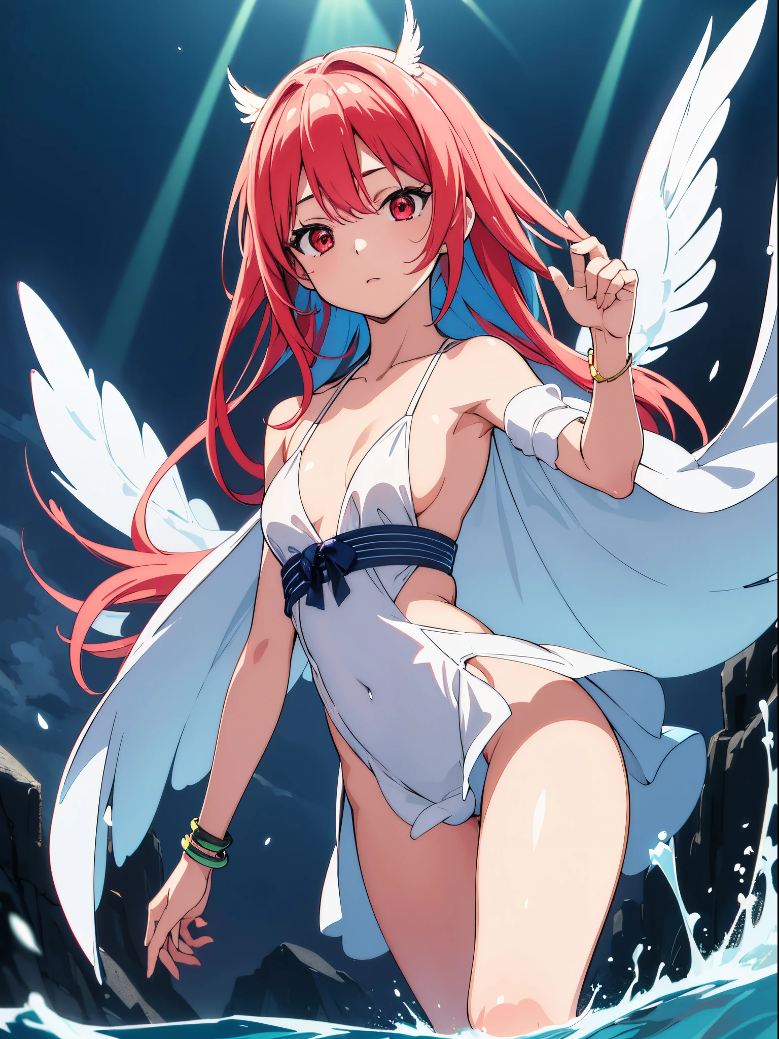 (flat color:1.3),(colorful:1.3),(masterpiece:1.2), best quality, original, extremely detailed wallpaper, looking at viewer, upperbody shot of a girl infused with lightning, fully clothed with blue long robe, highly detailed, extremely detailed, red eyes, electric, red moon, Rays of Shimmering Light, Cinematic Lighting, Matte, Stone, Milky Quartz, Opalite, Jewelry, Silk, Feathers, Water splash, Fog, Electric, Electricity, sparks, lensflare, rim lighting, backlighting, Bracelet, Chromatic Aberration, RTX, Post Processing
