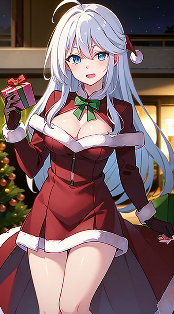 masterpiece, best quality, 1 solo girl, white hair, blue eyes, long hair, wavy hair, Christmas ornaments, medium , mature nd face, red christmas dress, christmas, christmas light, christmas tree, red gloves, red santa skirt, holding gift, red bra, red panty, leg upboy shots, sexy pose, dakimak detailed body, face, and eyes, sharp focus, vibrant, creative, dynamic, high definition, high resolution, 8k, (Upscale: R-ESRGAN 4x+ Anime6B), (Image enchance:4x), voluptuous body