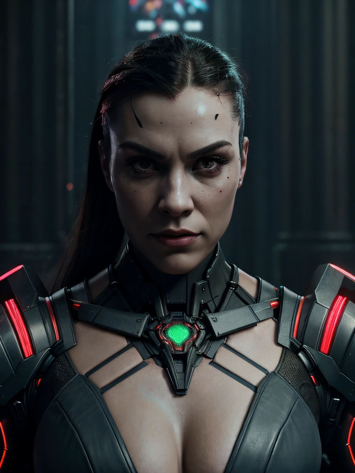 Portrait, Drax the Destroyer from Marvel, biomechanical, complex robot, full growth, hyperrealistic, insane small details, extremely clean lines, cyberpunk aesthetic, masterpiece featured at Zbrush Central, gothic brutalist cathedral, cyberpunk, award-winning photo, bokeh, neon lights, cybernetic limb