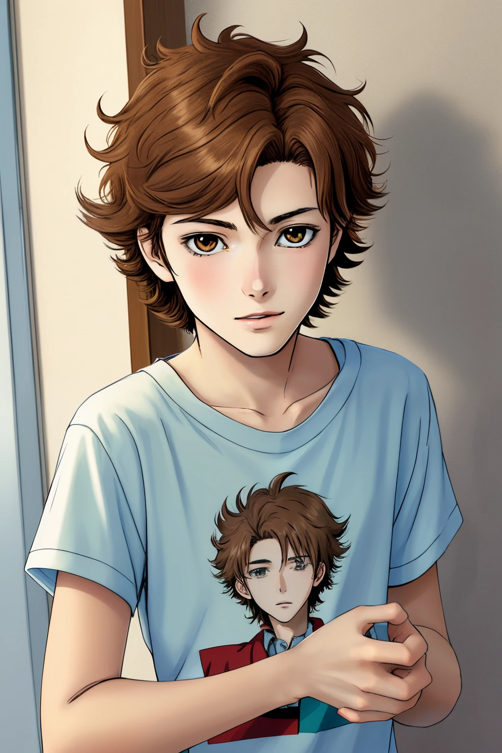 cute teen anime boy with light brown scruffy hair