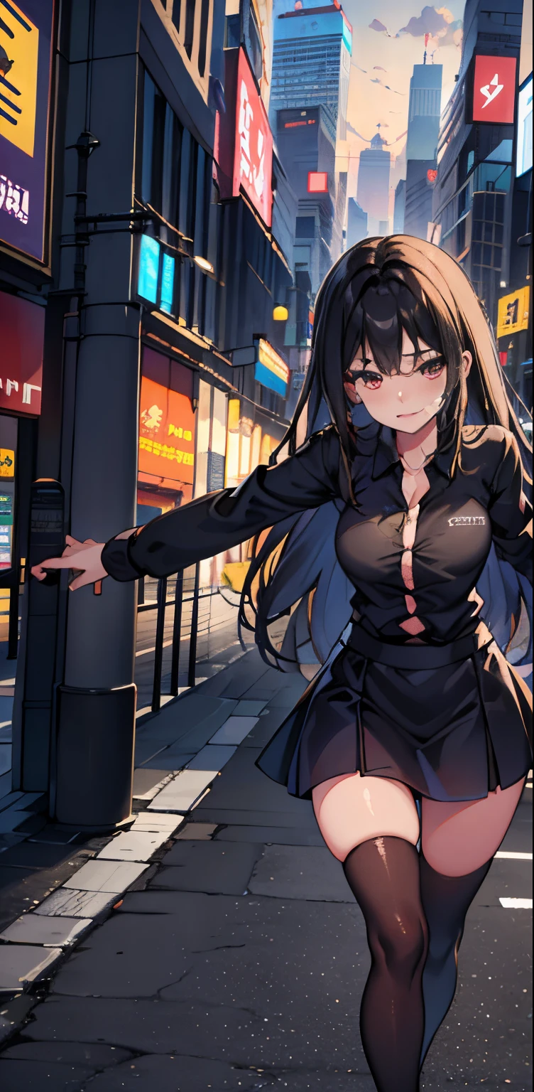 Una chica de cabello negro, Camisa negra y minifalda a cuadros, chica alta adulta, grandes pechos, muslos normales, piernas altas ojos rojos, gesto pose de batalla, soulless expression, mirando al frente, brazo derecho extendido, pose de batalla, minifalda a cuadros negra, camisa blanca