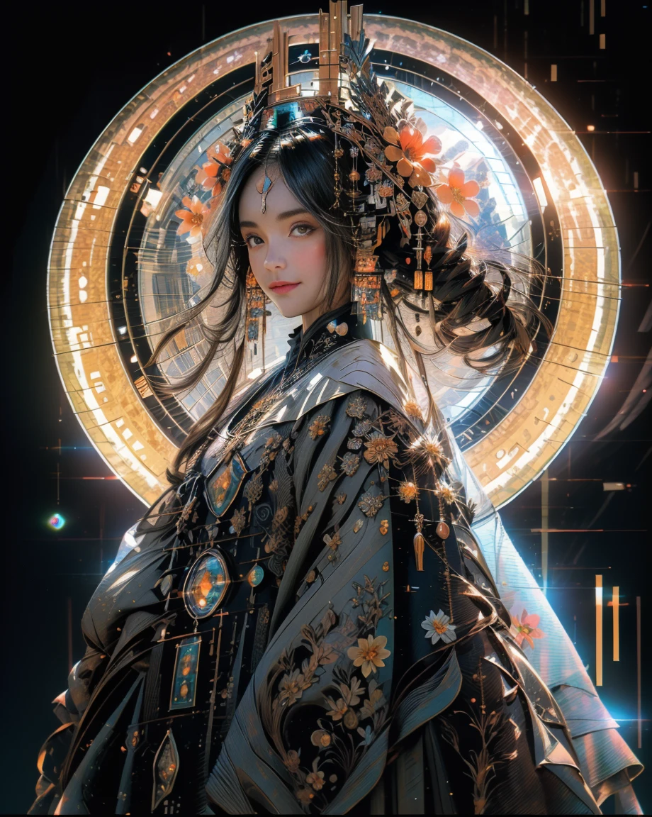 (masterpiece),(best quality), illustration, (fantasy:1.4), brown long hair, long eye lashes, solid circle eyes, light smile, Surrealism, drop shadow, anaglyph, stereogram, atmospheric perspective, 8k, super detail, accurate, best quality, UHD, textured skin, long dress, a moon, flowers , paper_cut