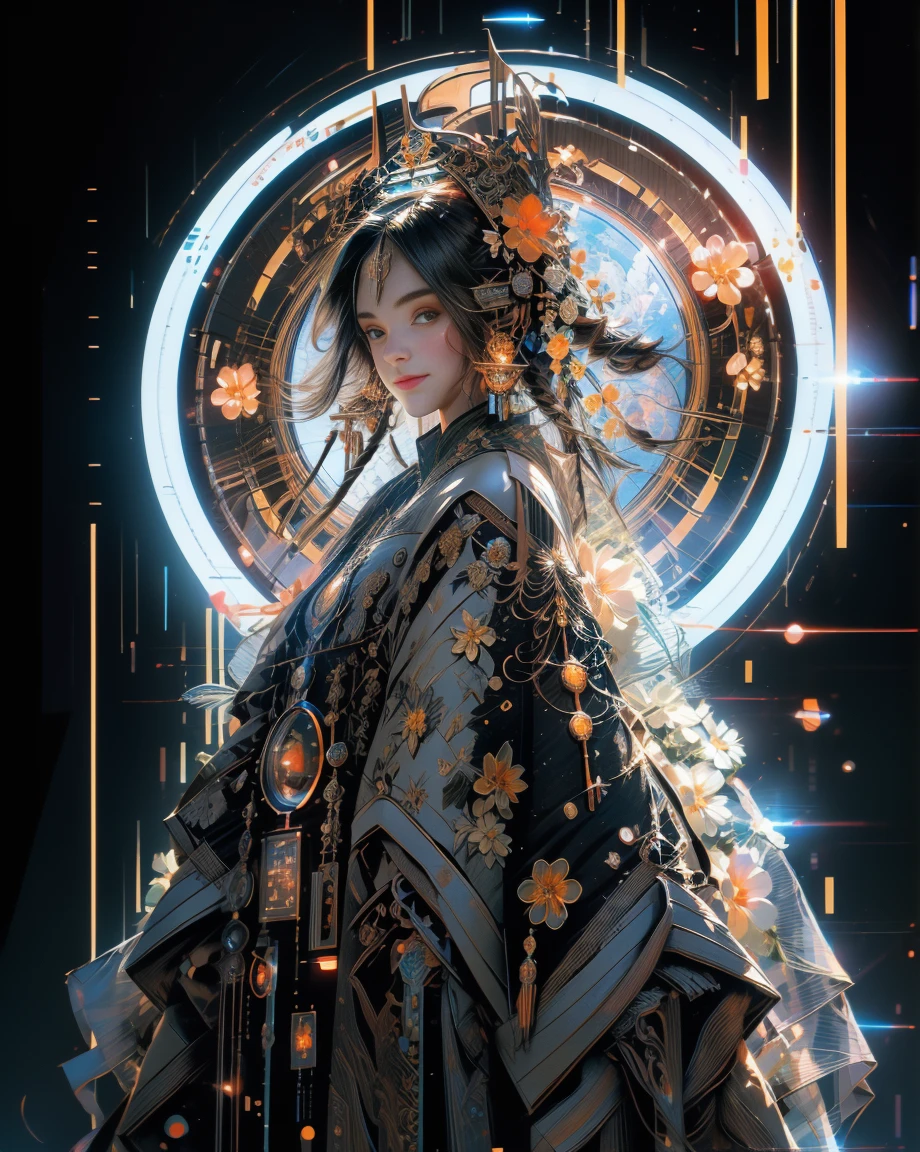 (masterpiece),(best quality), illustration, (fantasy:1.4), brown long hair, long eye lashes, solid circle eyes, light smile, Surrealism, drop shadow, anaglyph, stereogram, atmospheric perspective, 8k, super detail, accurate, best quality, UHD, textured skin, long dress, a moon, flowers , paper_cut