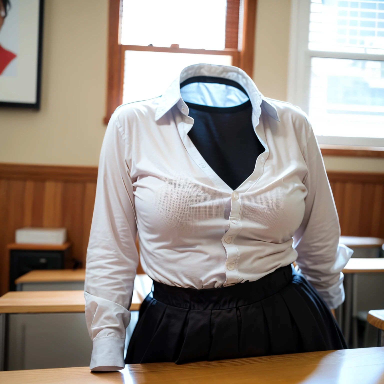 chubby, fat, (polo shirt), school uniform, classroom, high school, (Seductive pose, Emphasize the cleavage, Showcasing cleavage), (invisible:1.5, no humans:1.5, headless:1.5, faceless:1.5), (cute big breasts), (close-up shot of breasts), (8k, RAW photo, best quality, masterpiece:1.2), (realistic, photo-realistic:1.37), photon mapping, radiosity, ((Hasselblad photography)), physically-based rendering