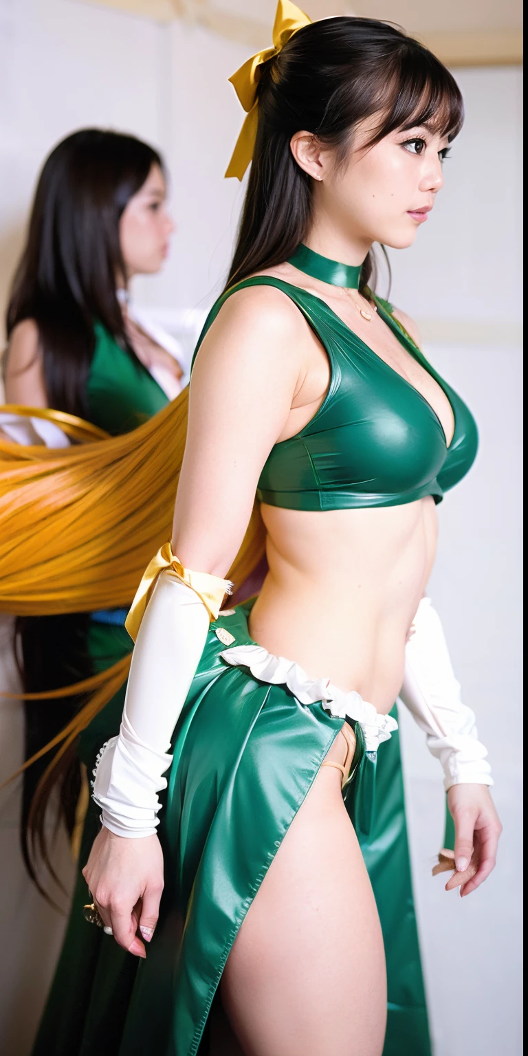 rialistic photo、Real Images、Top image quality、There is a woman wearing a green bikini and white top.., close up half body shot, her navel is exposed, large boob、White panty、White panty、（White panty）、Green Bikini, full-body close-up shot, waist - shot, close body shot, natalie from epic battle fantasy, profile shot, meg kimura, Nico Robin, cosplay foto, akali, Half body shot, akali from league of legends