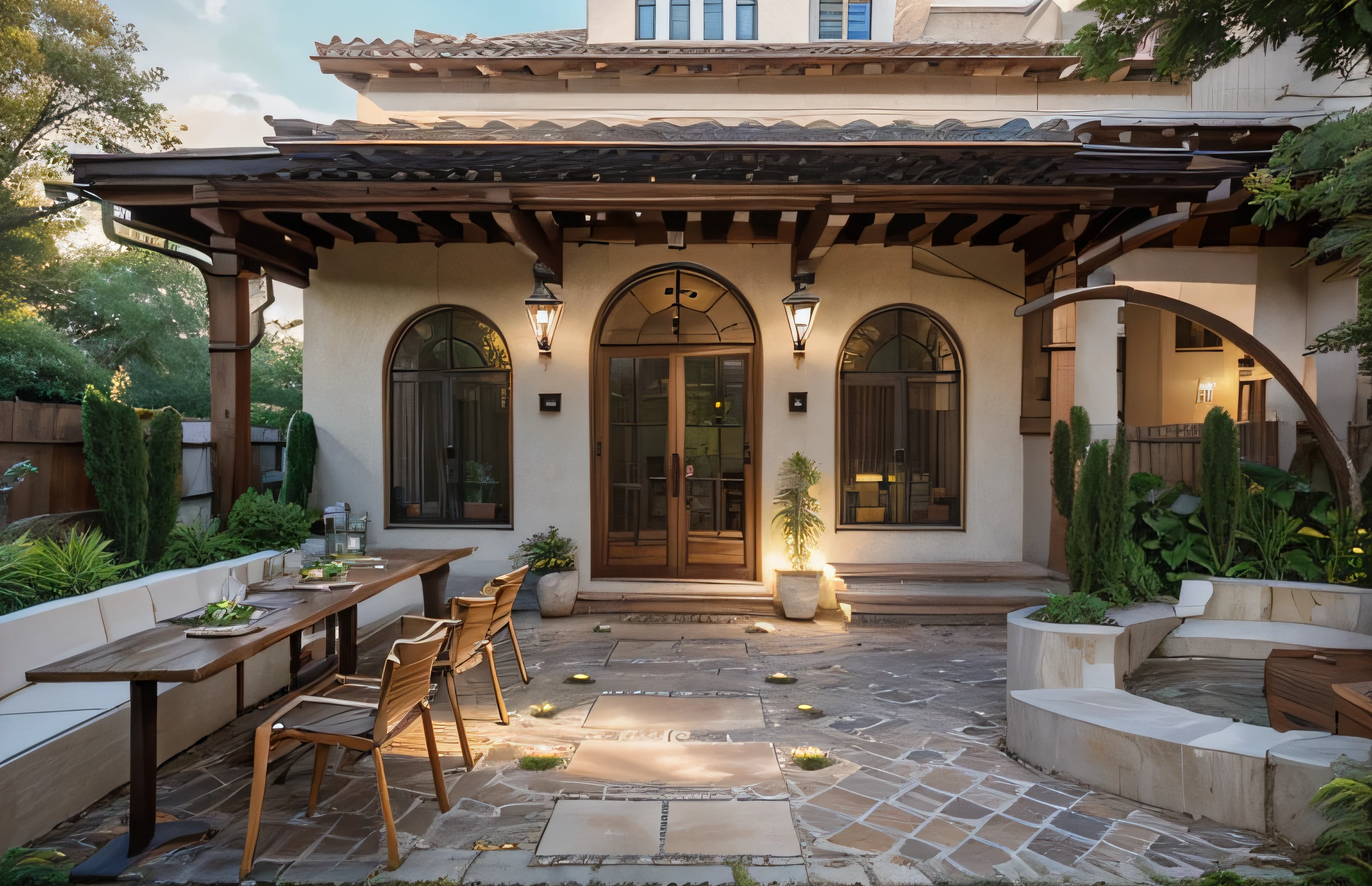 Interior Design: Garden Scene: Use large glass doors to maximize natural light and create an open-space feel. Design an outdoor seating area with lightweight wooden chairs, comfortable cushions, and potted plants to create a close connection with nature. Indoor Furnishings: Use natural wood or white-painted wood furniture to evoke a vintage and luxurious feel. Opt for classic-style chandeliers or wall decorations featuring garden scenes, flowers, and leaves to enhance beauty and a sense of closeness to nature. Combine sofas, chairs, and wooden tables with lightly colored fabric or leather cushions to create a comfortable and cozy ambiance. Bar and Serving Area: Utilize natural materials like wood or stone for the bar counter to accentuate the interior space. Install LED lights under the bar counter to add focal points and enhance aesthetic appeal. Exterior Design: Garden Area: Create a lush green garden with grass, foliage, and stone pathways or brick pavements to mimic a European garden atmosphere. Arrange outdoor tables and chairs in natural light and provide shade with umbrellas or canopies to protect customers during unfavorable weather. European-Style Exterior Design: Implement classical architecture elements such as columns, arched doorways, or tiled roofs to emphasize European architectural aesthetics. Design small spaces adorned with stone or wooden benches for customers to enjoy the outdoor ambiance and appreciate the garden's beauty. Lighting and Decor: Use decorative lights hanging on trees or ground-level lighting for the exterior space during the evening. Decorate with LED strip lights around trees or walls to create focal points of light and a romantic ambiance. Additional Suggestions: Use materials like granite, natural tiles, or wood for the flooring and garden to create a closer and more natural feel. Employ light and gentle colors such as green, natural wood tones, and white to establish a sense of comfort and relaxation. Consider adding feat
