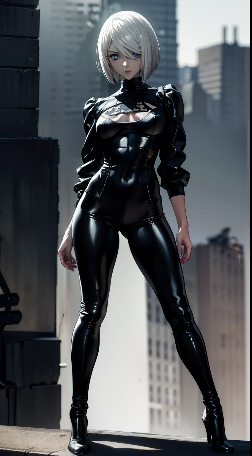 gloomy composition, gloomy background, Ruins, ruined city, Very detailed. stands on the edge of the roof, gloomy composition, The Gloomy Room, gloomy atmosphere, very detailed eyes, Beautiful figure, night city, Cyberpunk city, very detailed eyes, Beautiful figure, Lucy from the anime series Cyberpunk Edge Runner, a 1girl, facing the viewer, Beautiful figure (Proper Anatopy 1.1.), in full height (Body Full 1.1), Slim, Slender figure, Slender figure, shapely legs, Anime style, white colored hair, white colored hair, that disappear at the ends, Bob hairstyle, short white jacket, tight black suit, Cutouts on the shoulders, Cutouts on the chest, Neckline at the waist, Skinny black leather pants, Very detailed face, Very beautiful face, Very sexy ass, in full height (Body Full 1.1), small elastic breasts, Little ass, Beautiful slim figure, small buttocks, black tight suit, darkly,gris & Dark Style:1.1), Light, femininity,tmasterpiece,beste-Qualit,higly detailed,Visible to the feet, 8K resolution, High Sharp, 8K resolution, higly detailed, 8K UHD, Professional lighting, Photon mapping,physical based rendering, a perfect face, detailed face and body, ray traced, expressive look, Cinmatic Lighting,elastic small breasts, Heightened sexuality,