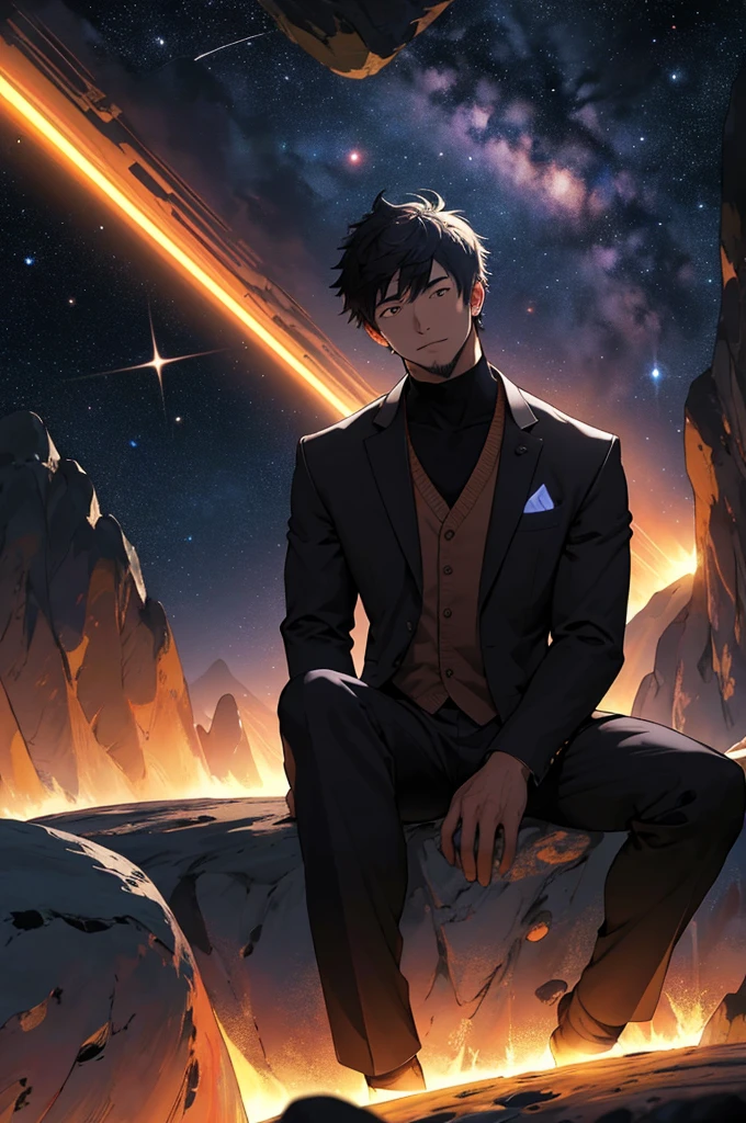 Draw a young programmer, sitting on a research platform floating in the middle of an asteroid belt. He is studying with a notebook, surrounded by several asteroids glowing with fiery auras. Dramatic lighting from distant stars and planets illuminates the scene, casting deep shadows on the suit. The young man looks confident and determined, looking at the vast and mysterious universe with wonder and respect,facial hair, cowboy shot,