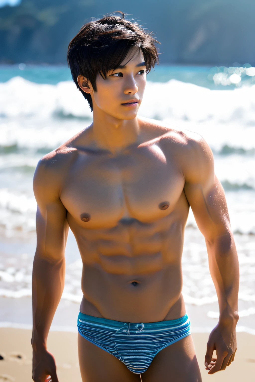 A handsome 20-year-old Japanese man，Toned body，Sharply defined，Be well-exercised，Protruding muscle striae，Full muscles，Healthy complexion，Confident posture，On the beach，full bodyesbian，gentlesoftlighting，tmasterpiece，best qualtiy，8K  UHD，digital DSLR camera，filmgrain，Fujifilm XT3 Realistic painting art