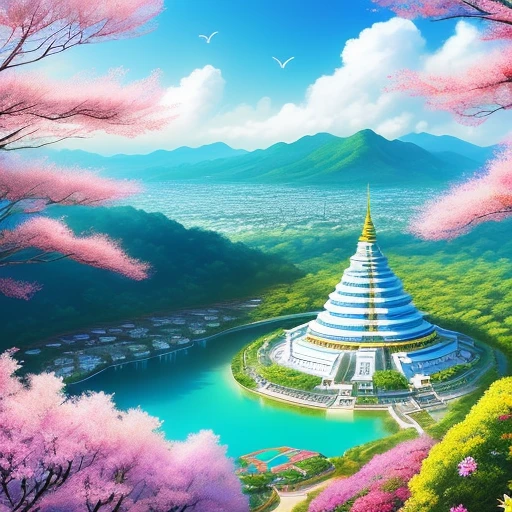 with a realistic、Be authentic、beautifly、amazing landscape、with blue sky and white clouds、flower、Chii、the woods 、mont、The lotus flowers,garden,vila,city,region,Yellow Temple、a paradise、a chair、a bed、Smoke、Fluttering Flag、Indoor, Red carpet,canopy,thai style,Resort、springtime、full bloom、flat land、celestial realm、Yellow roof、safety、railing、placid